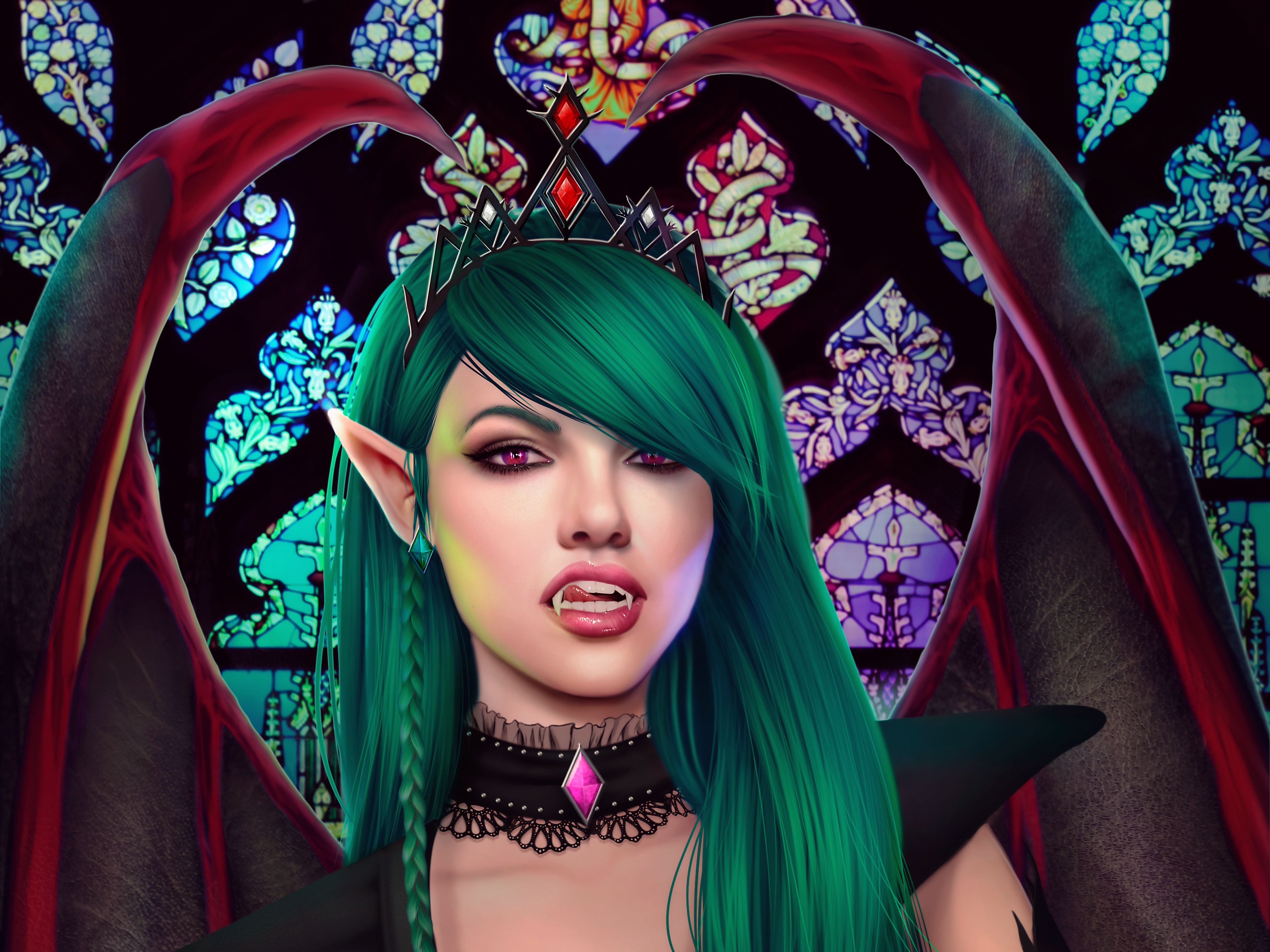 1527644 descargar fondo de pantalla oscuro, vampiro, elfo, colmillos, pelo verde, ojos morados, vitral: protectores de pantalla e imágenes gratis