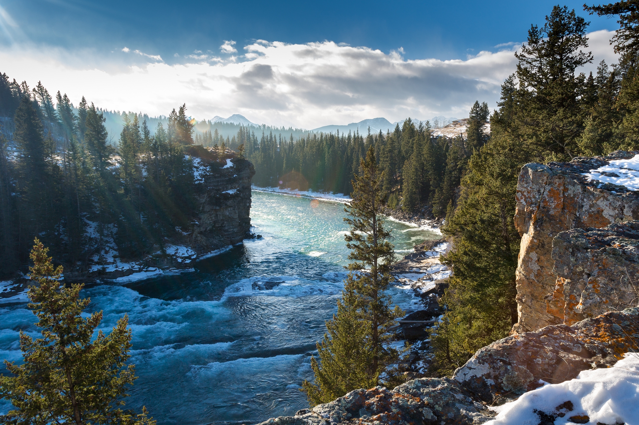 rocks, nature, mountains, canada, winter, trees, bow river, albert, alberta High Definition image