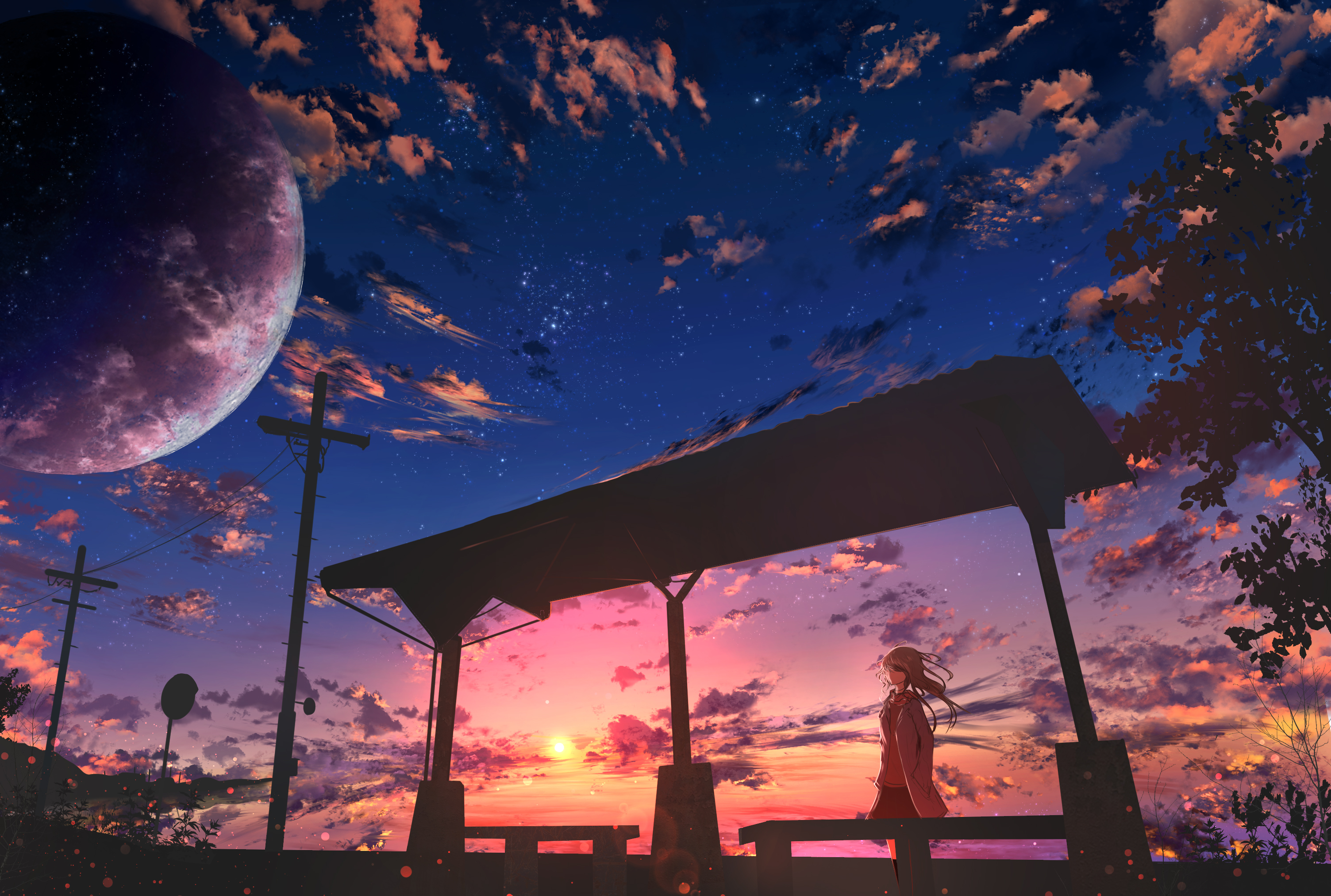 android anime, girl, twilight, clouds, dusk