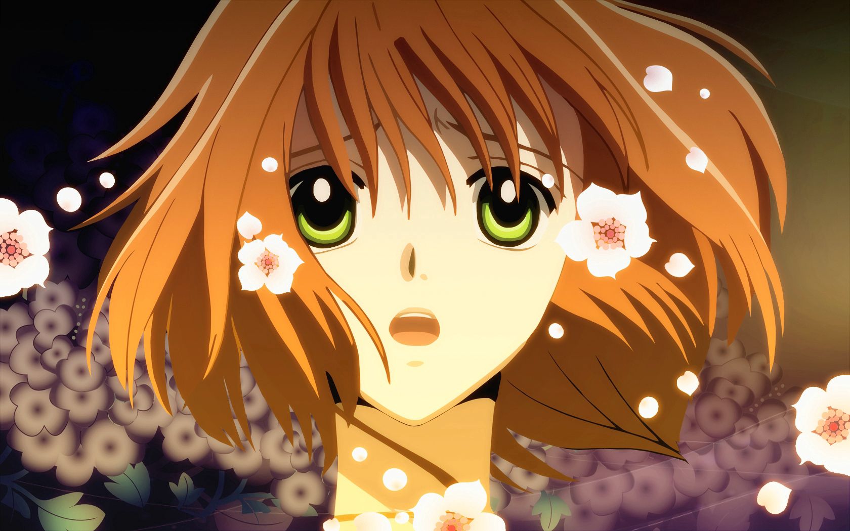 anime, flowers, sight, opinion, girl, brunette, surprise, astonishment wallpapers for tablet