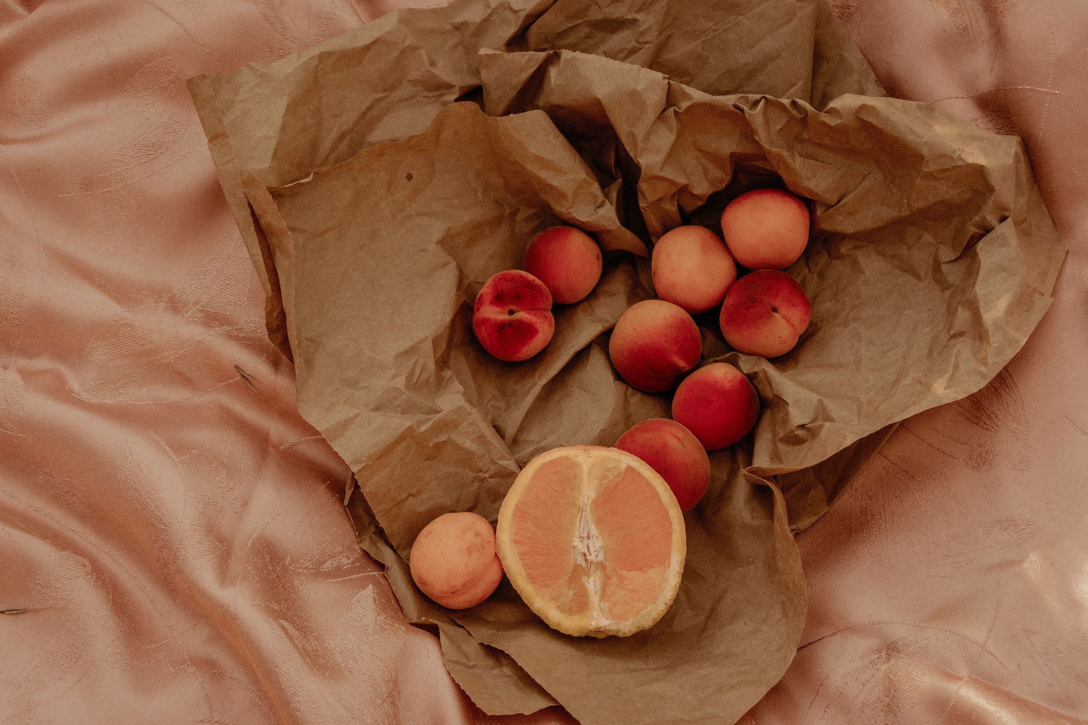 fruits, food, orange, paper, nectarines, crumpled High Definition image
