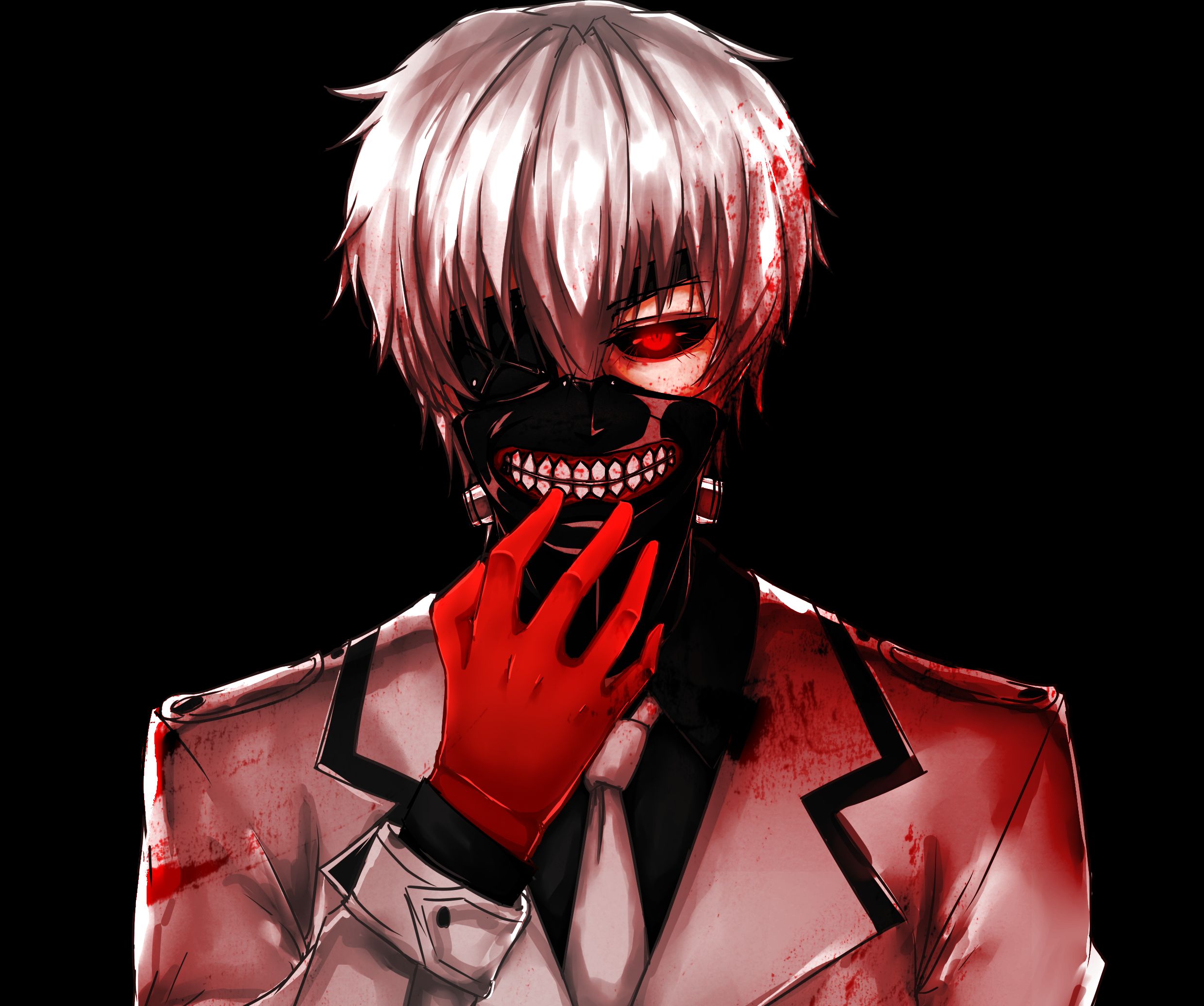 Mobile wallpaper teeth, short hair, blood, anime, tokyo ghoul:re, glove, ken kaneki, mask, red eyes, tokyo ghoul, white hair