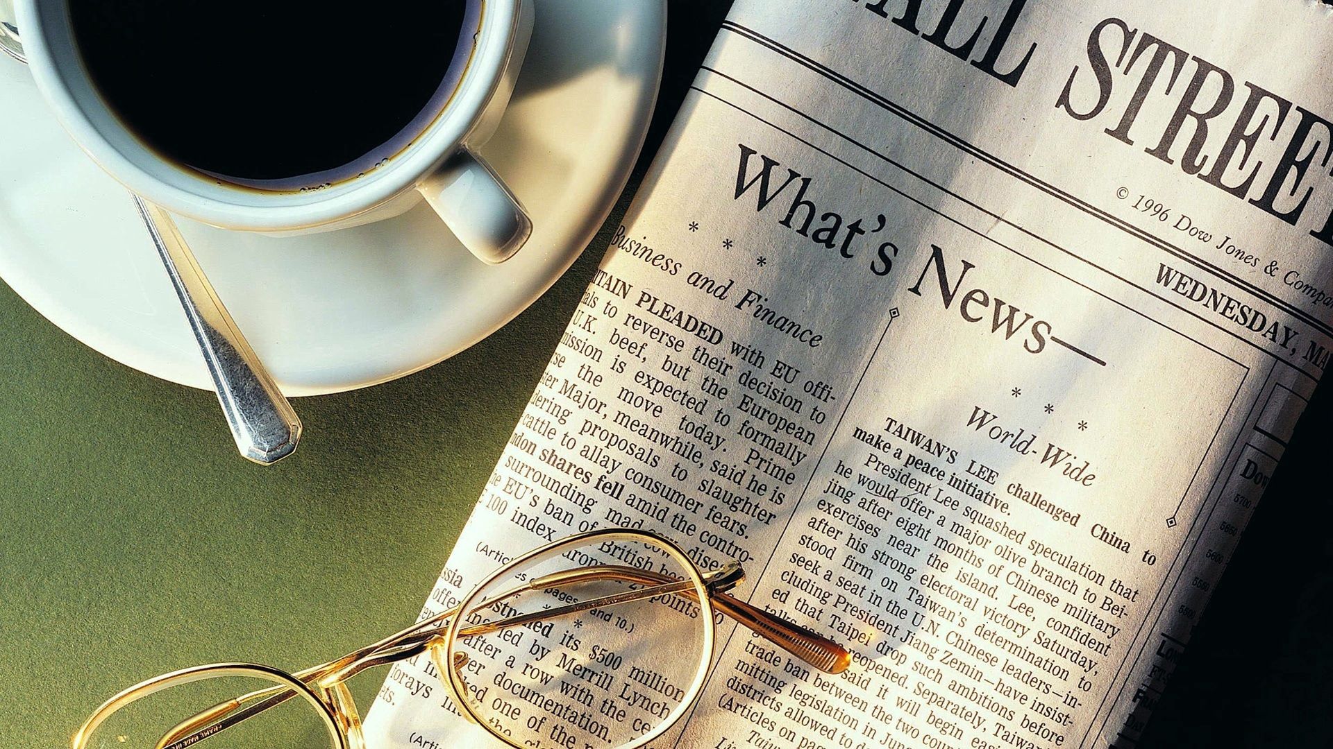 1920 x 1080 picture coffee, food, cup, glasses, spectacles, newspaper, spoon, news, cup holder