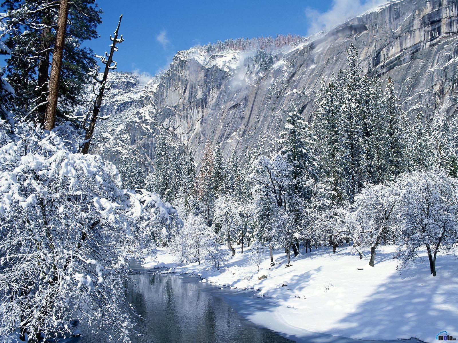 Download mobile wallpaper Snow, Rivers, Mountains, Winter, Trees, Landscape for free.