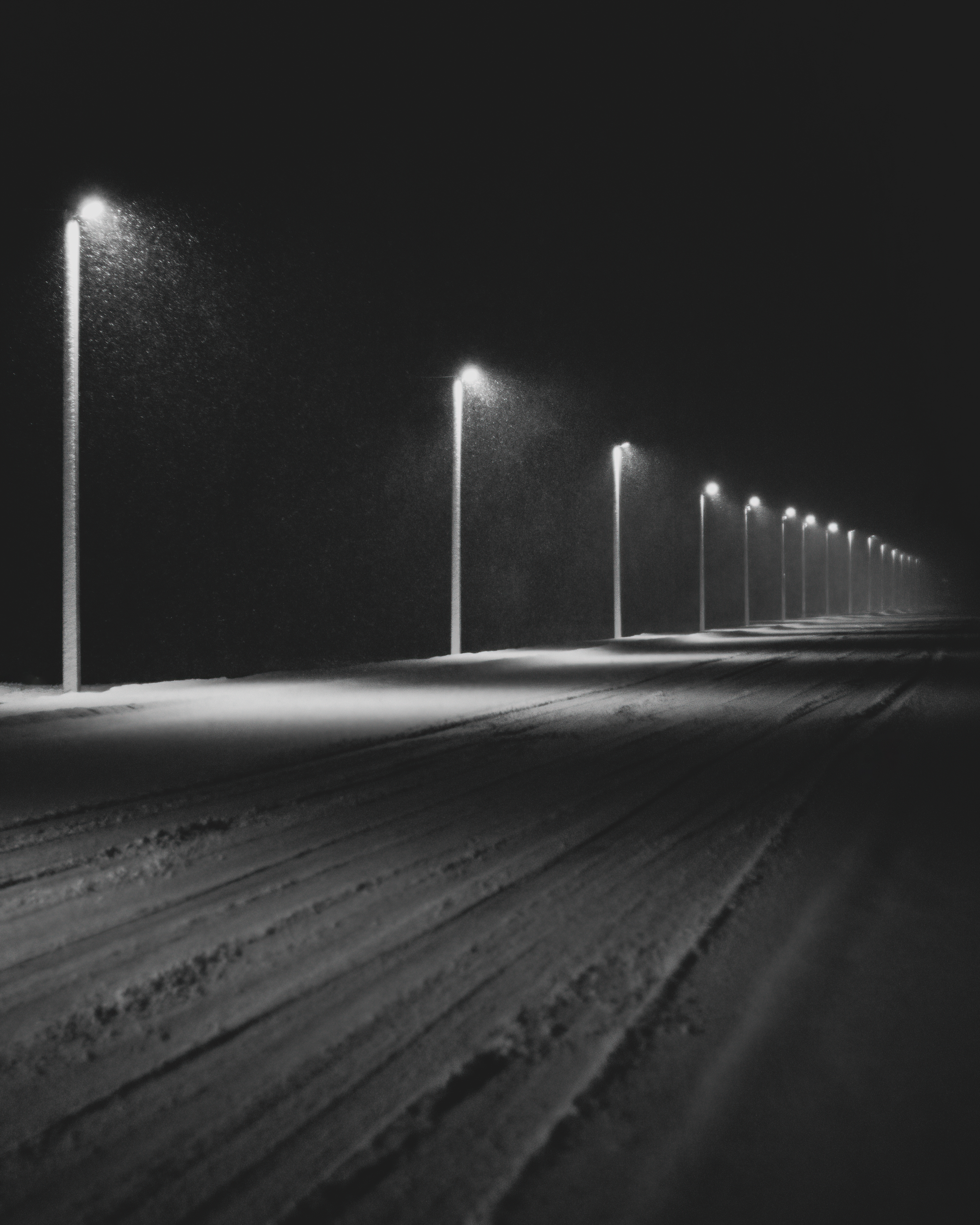 night, dark, snow, lights, road, lanterns