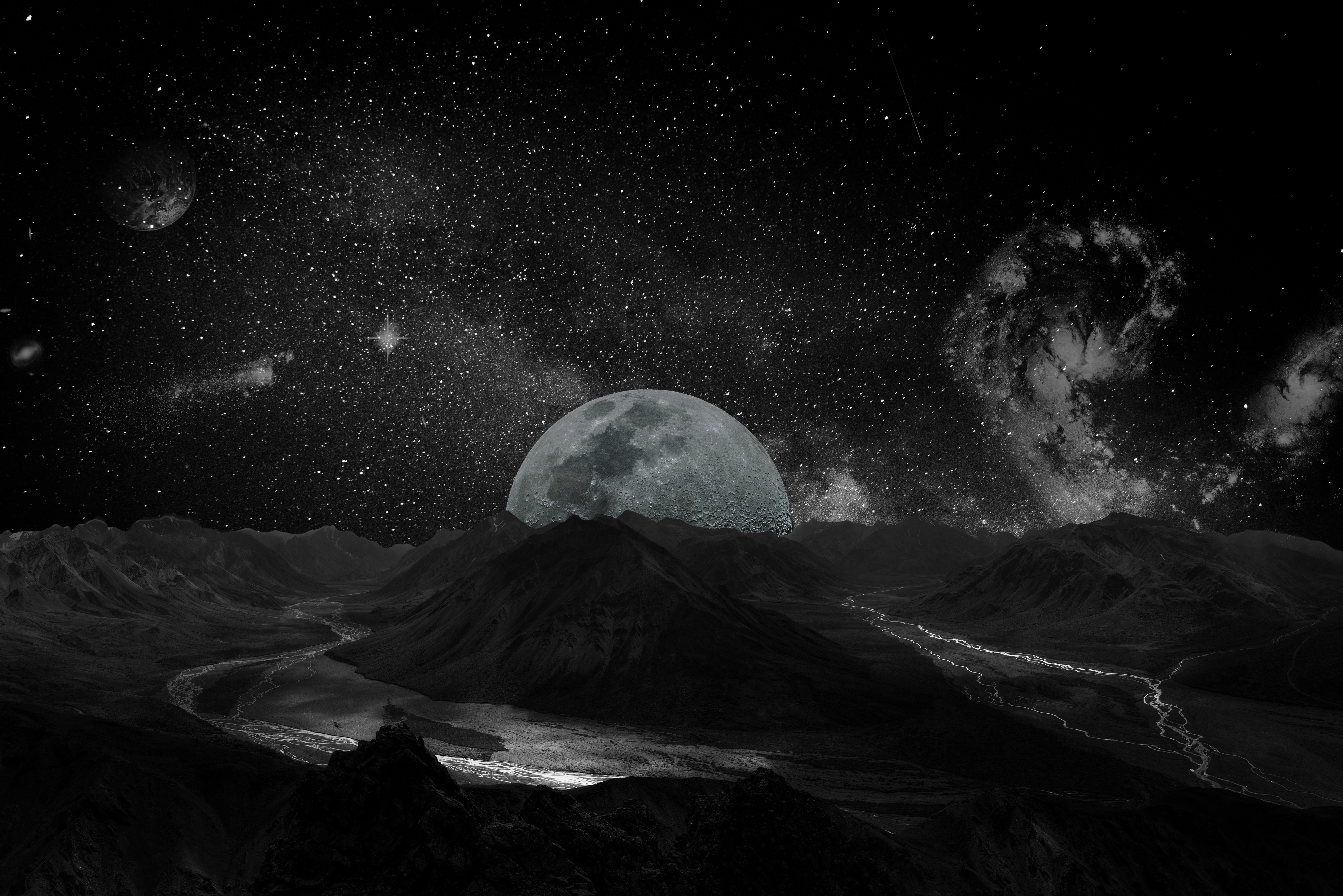 photoshop, bw, moon, universe, chb wallpaper for mobile