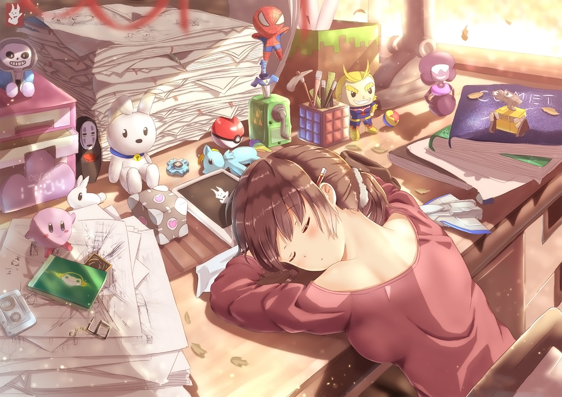 Спит за рабочим столом аниме