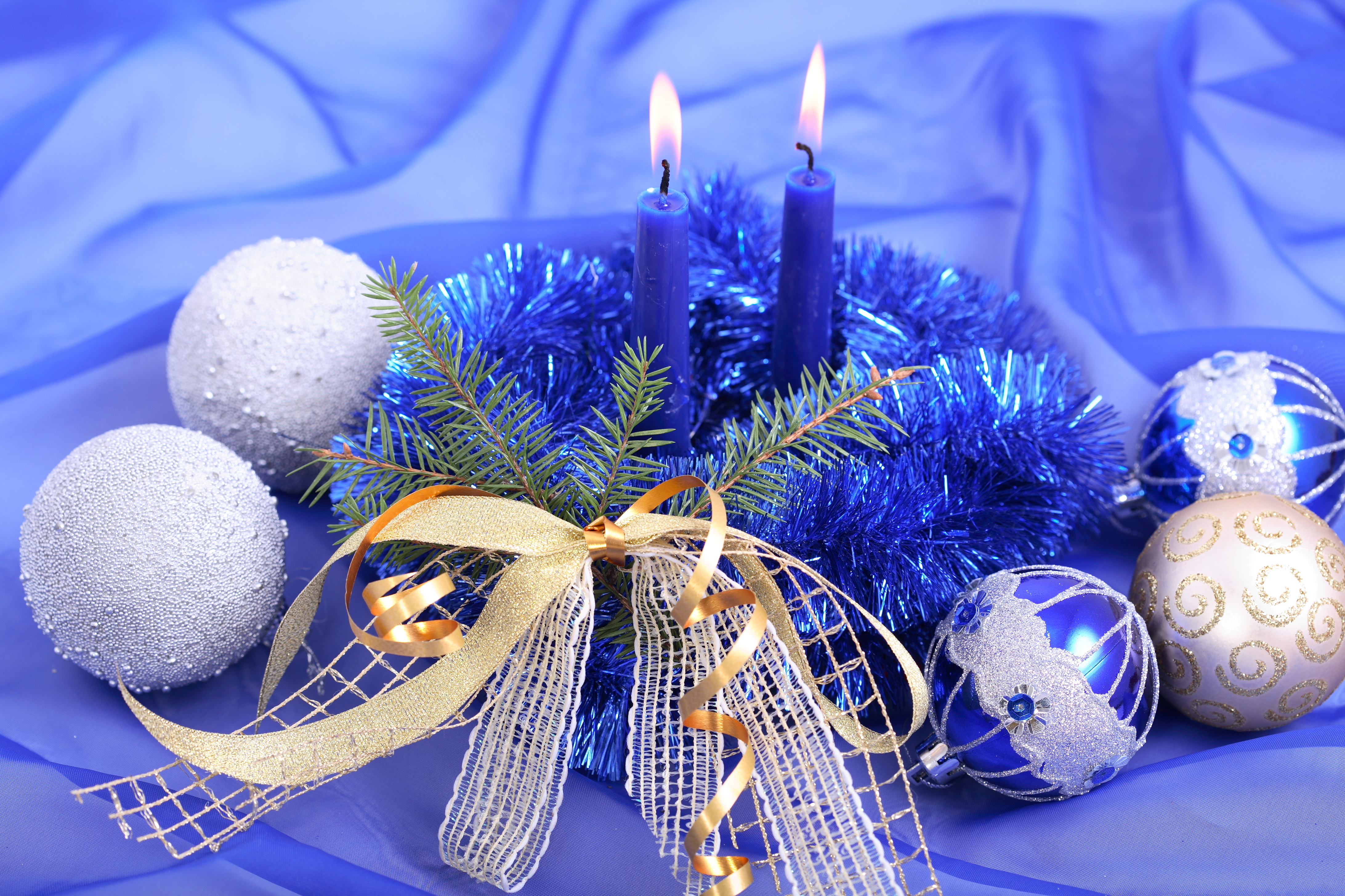 christmas, holiday, candle, christmas ornaments, ribbon 8K