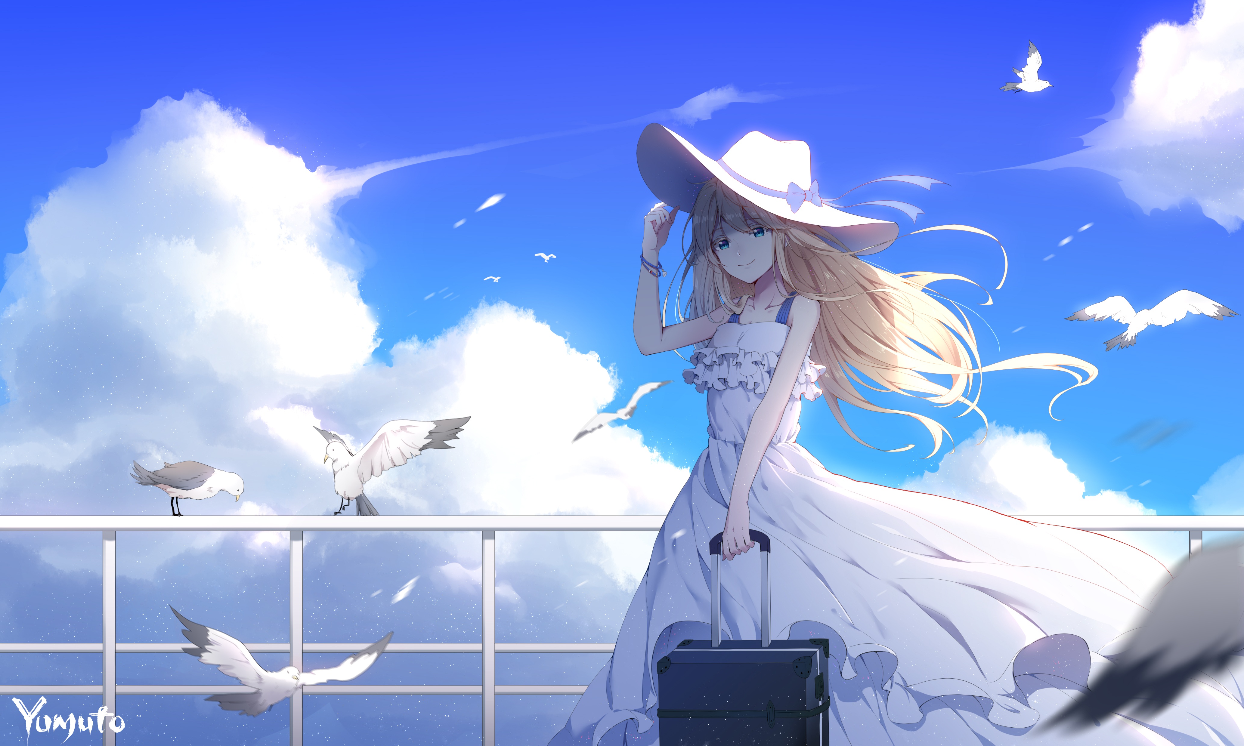 anime, original, bird, blonde, blue eyes, cloud, dress, hat, long hair, seagull, suitcase, white dress, wind