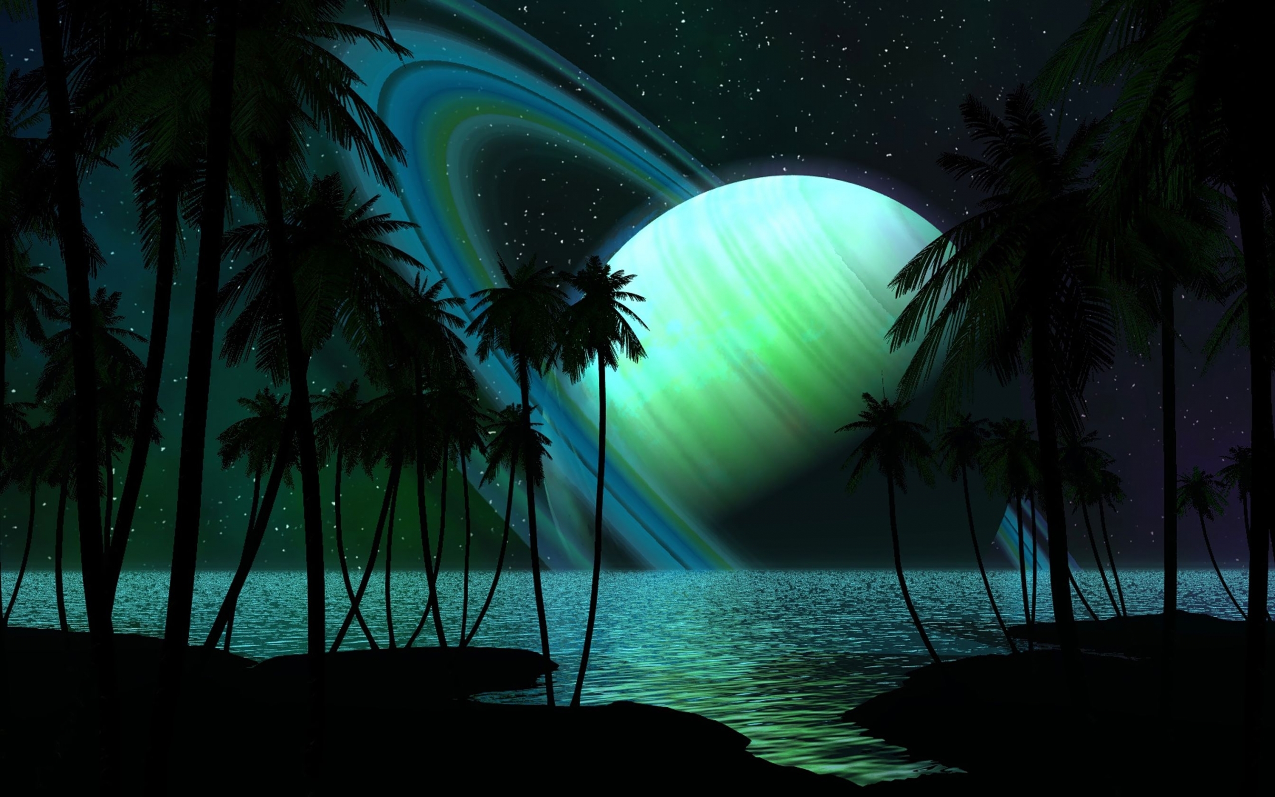 sky, planets, palms, fantasy, night, landscape, sea 4K