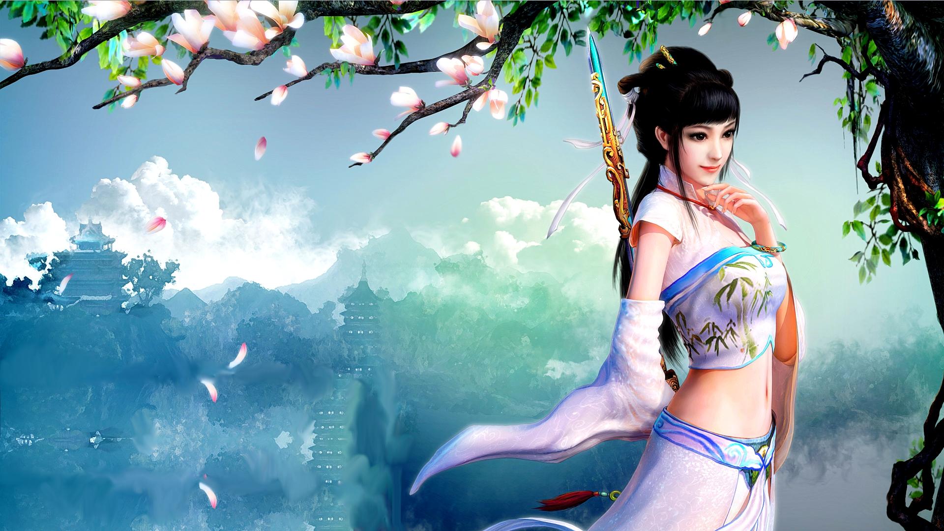 fantasy, women, asian, magnolia, spring, sword, woman warrior
