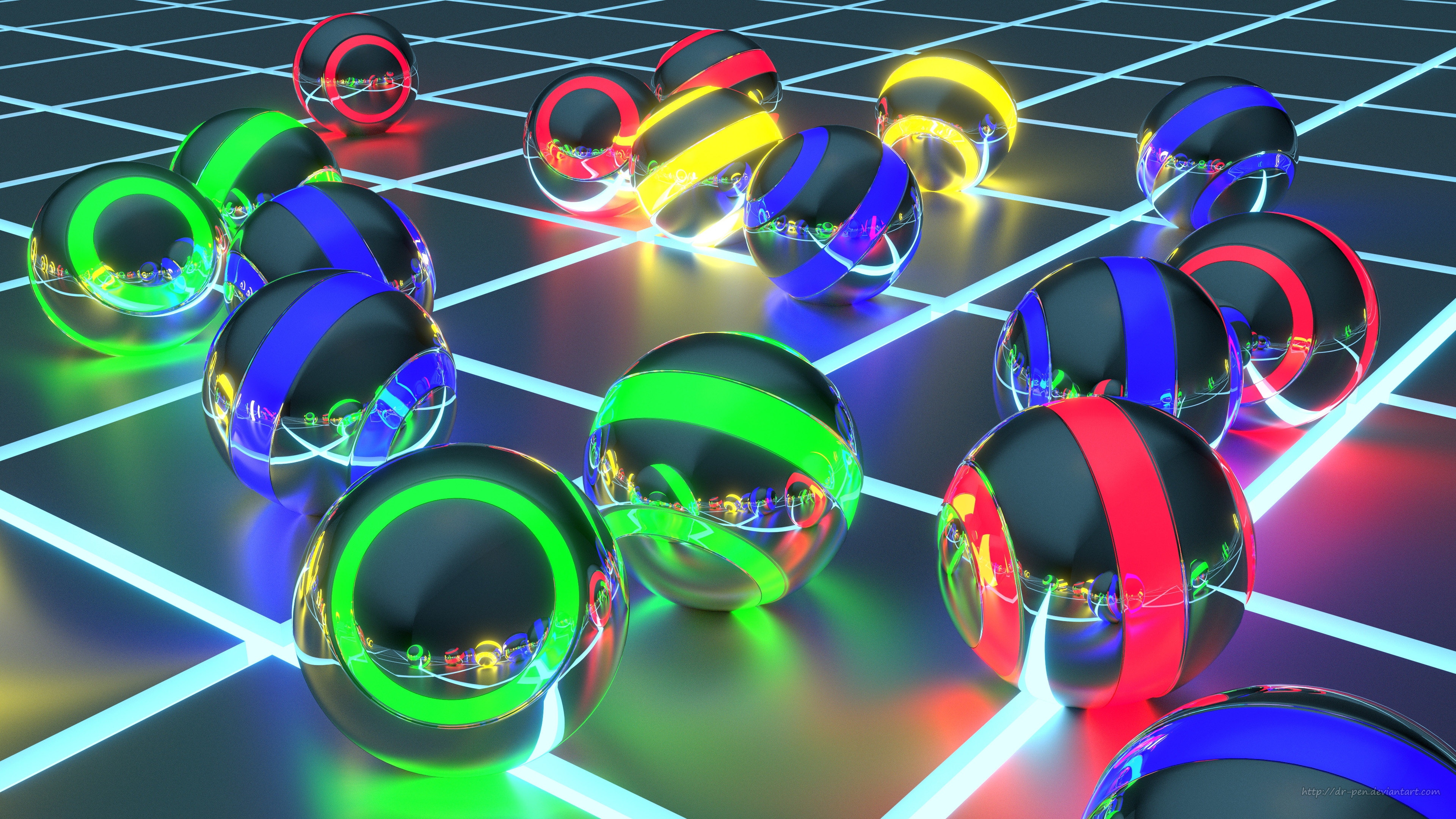 3d, geometry, 3d art, neon, blender, sphere, green, ball, red, yellow, artistic, blue 4K