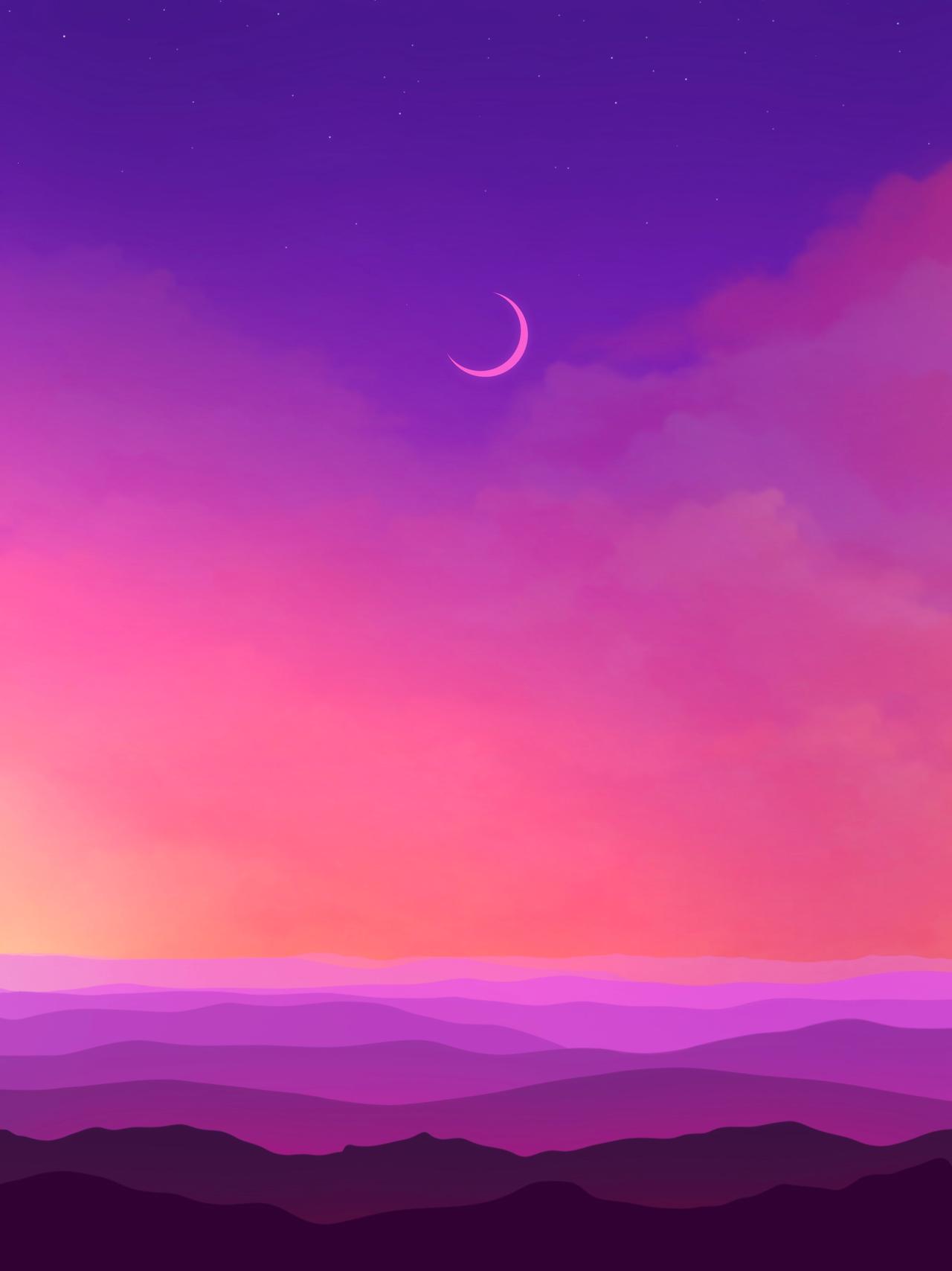 purple, art, moon, violet, hills Phone Background