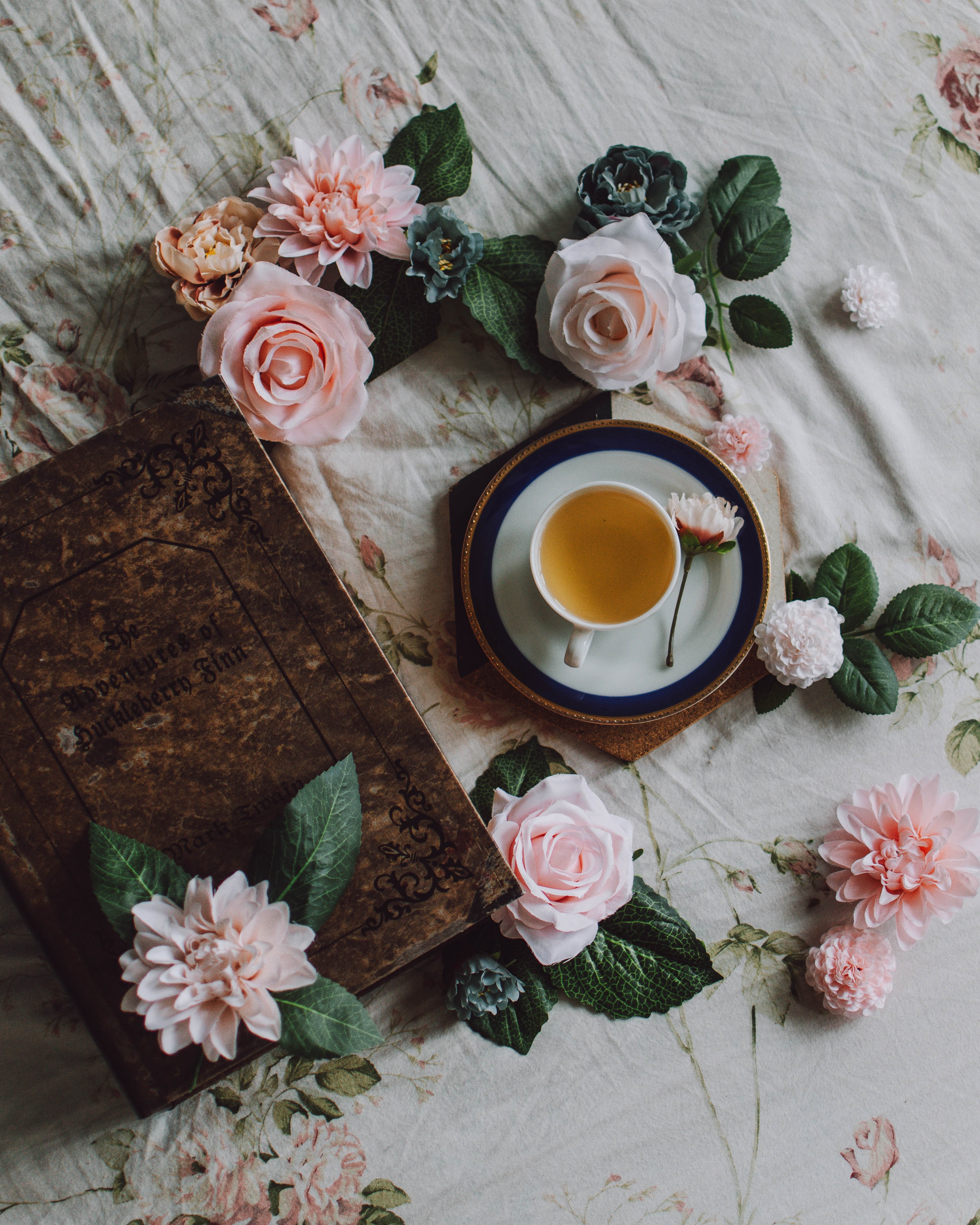 tea, still life, cup, flowers, book phone wallpaper