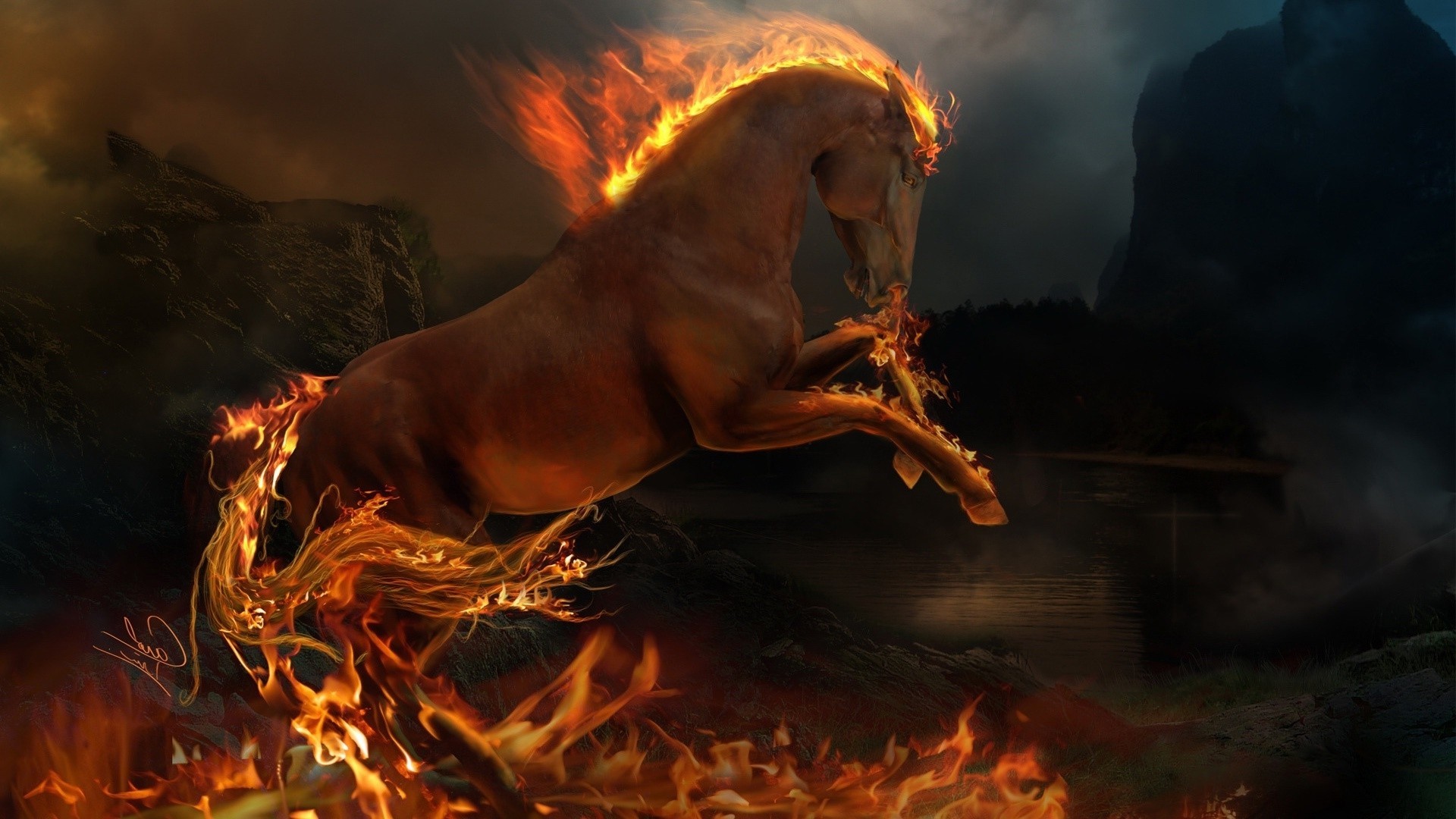 Download mobile wallpaper Animals, Fire, Fantasy, Horses for free.