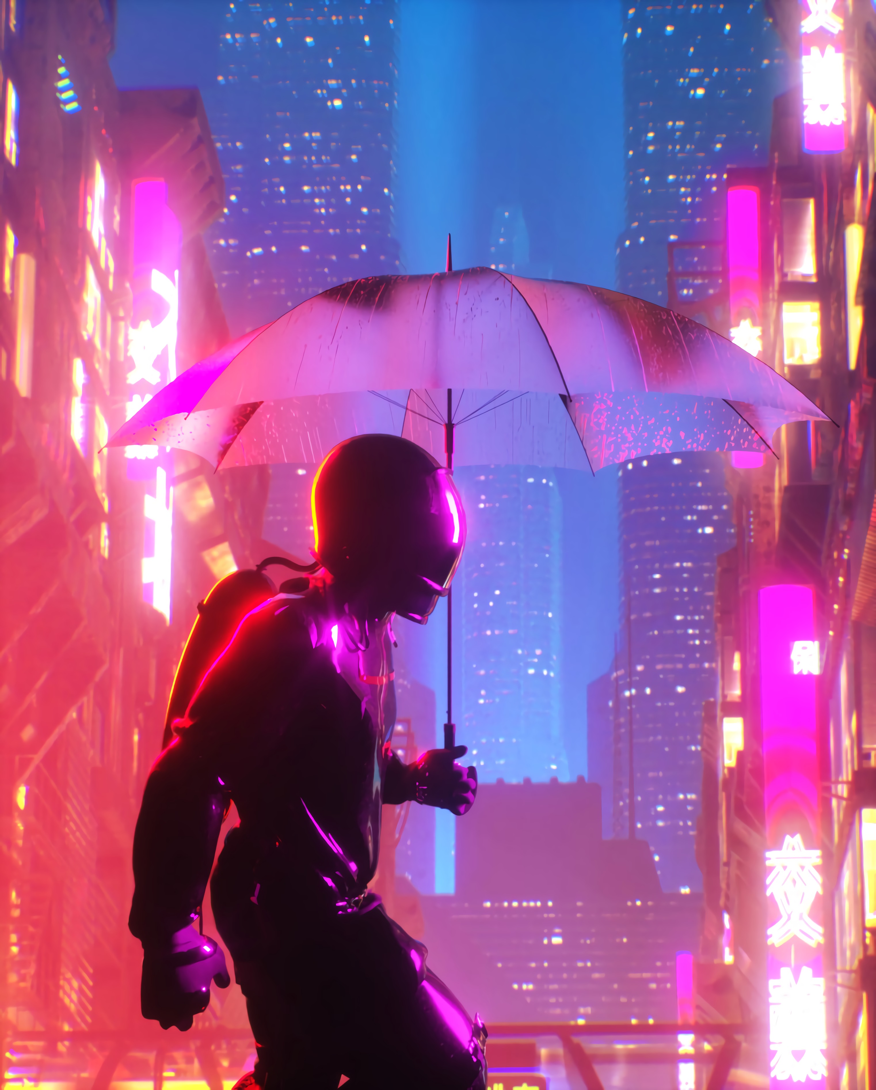 Lock Screen PC Wallpaper neon, art, city, building, cyberpunk, glow, umbrella, cyborg