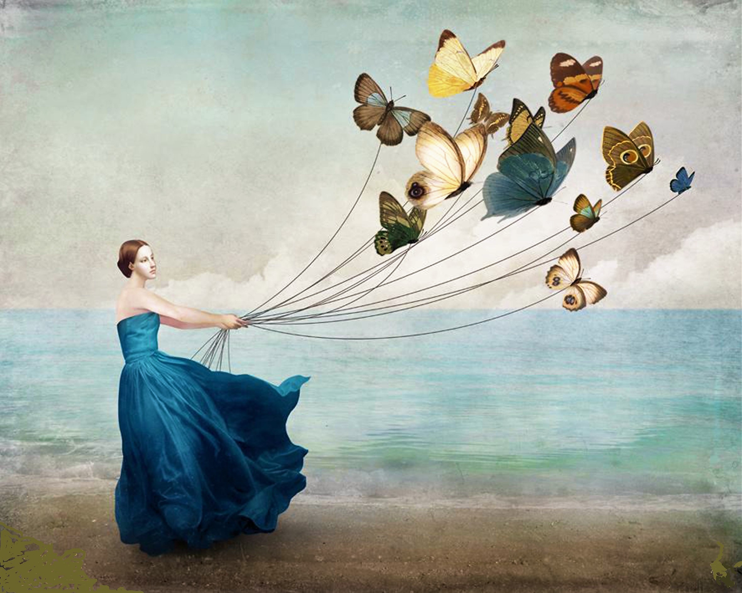 artistic, butterfly, balloon, blue dress, colorful, kite