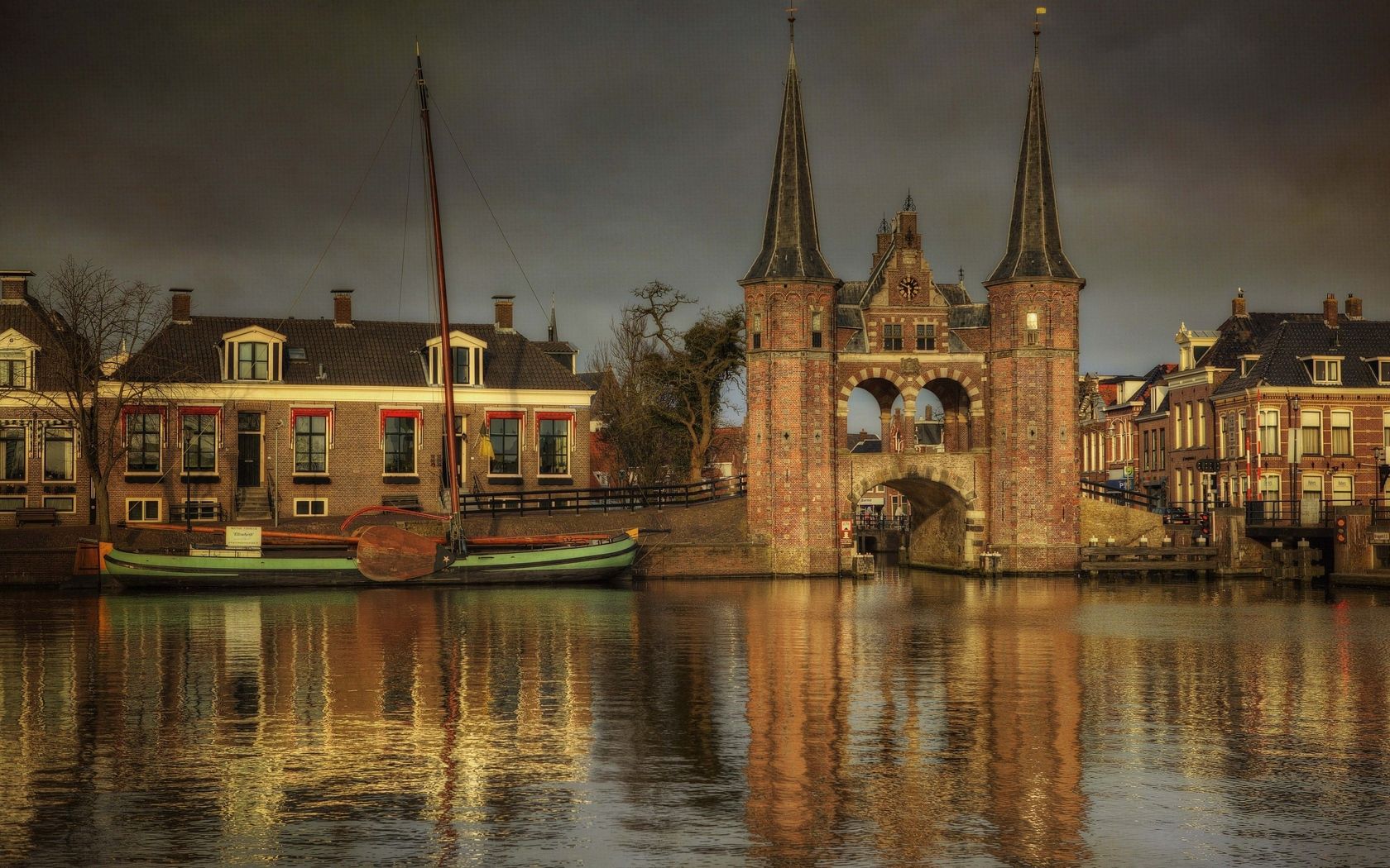 cities, houses, rivers, clock, bridge, boat HD for desktop 1080p