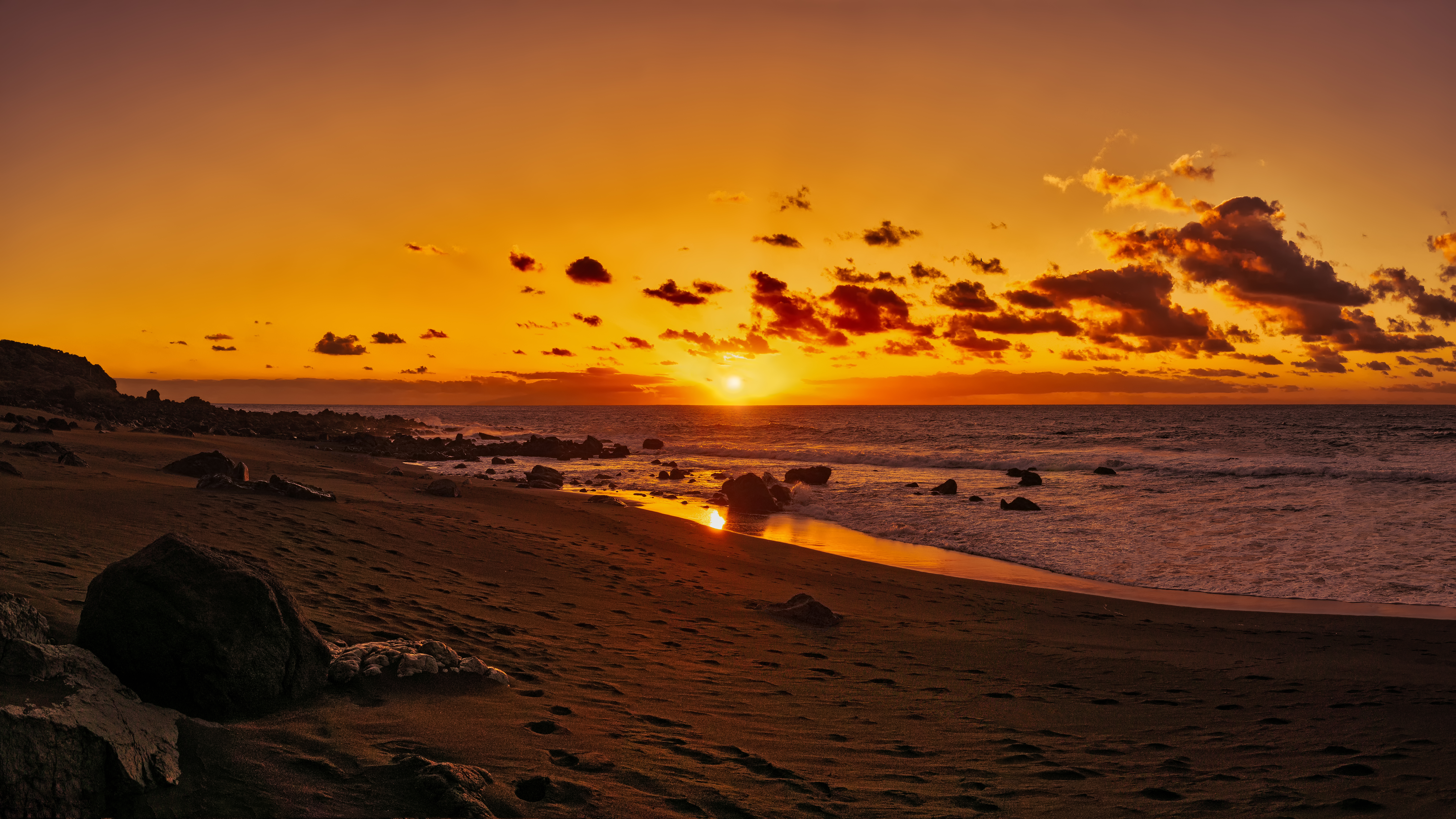 Laden Sie das Sunset, Stones, Bank, Valle Gran Rey, Natur, Sand, Kanarische Inseln, Ozean, Spanien, Ufer-Bild kostenlos auf Ihren PC-Desktop herunter