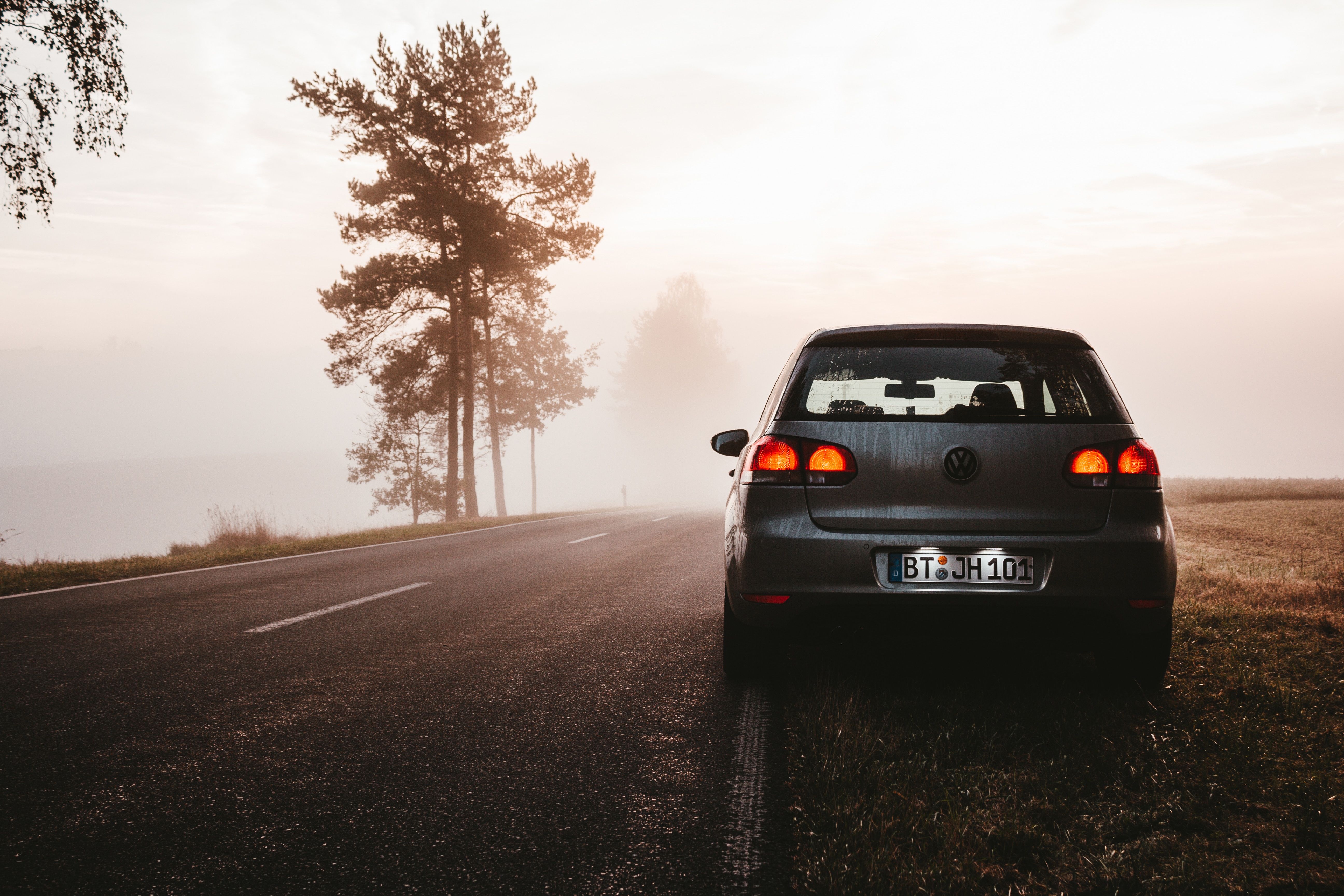 fog, cars, volkswagen, twilight, road, car, dusk Panoramic Wallpaper