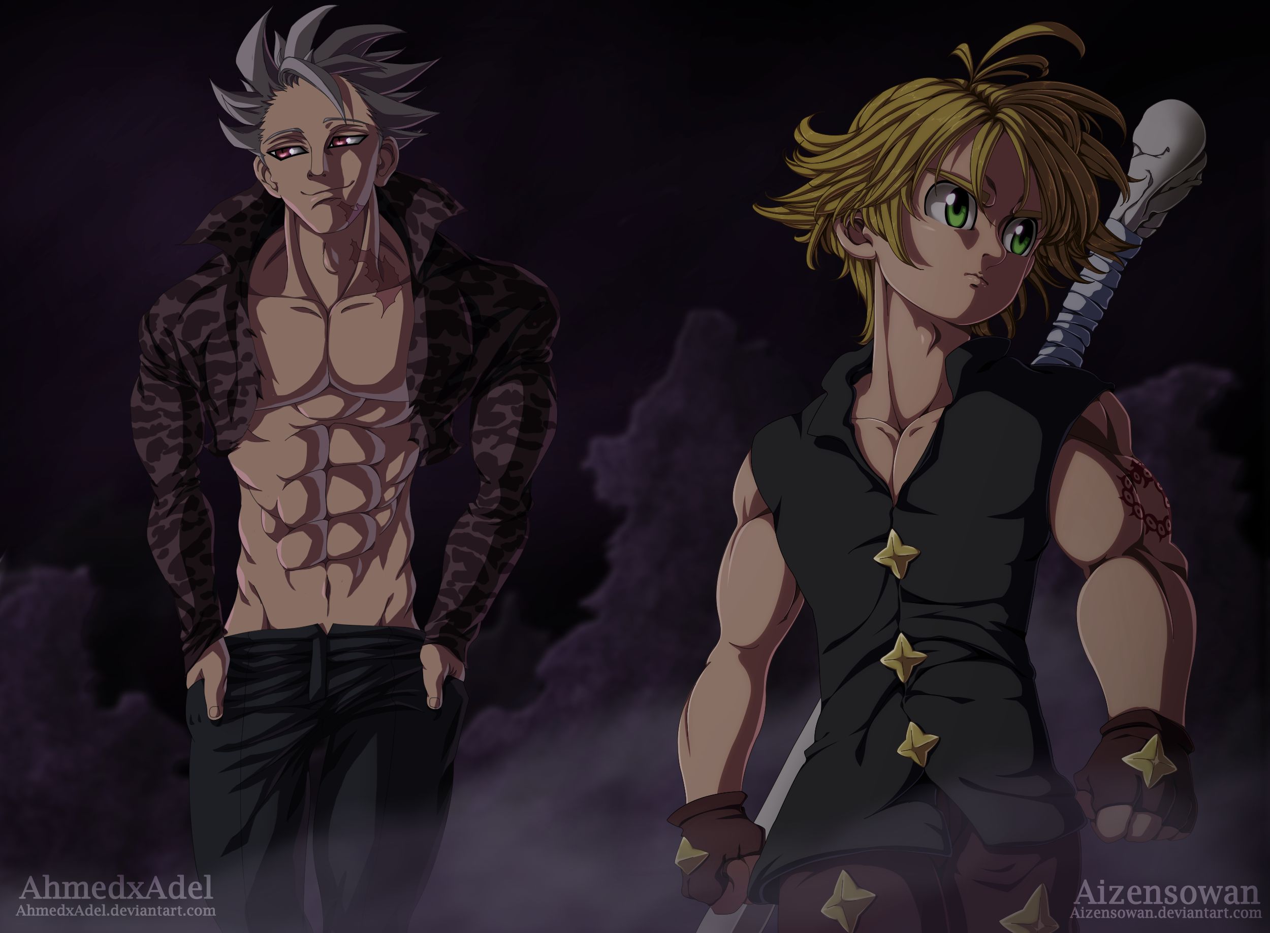 anime, the seven deadly sins, ban (the seven deadly sins), blonde, green eyes, grey hair, meliodas (the seven deadly sins) wallpapers for tablet