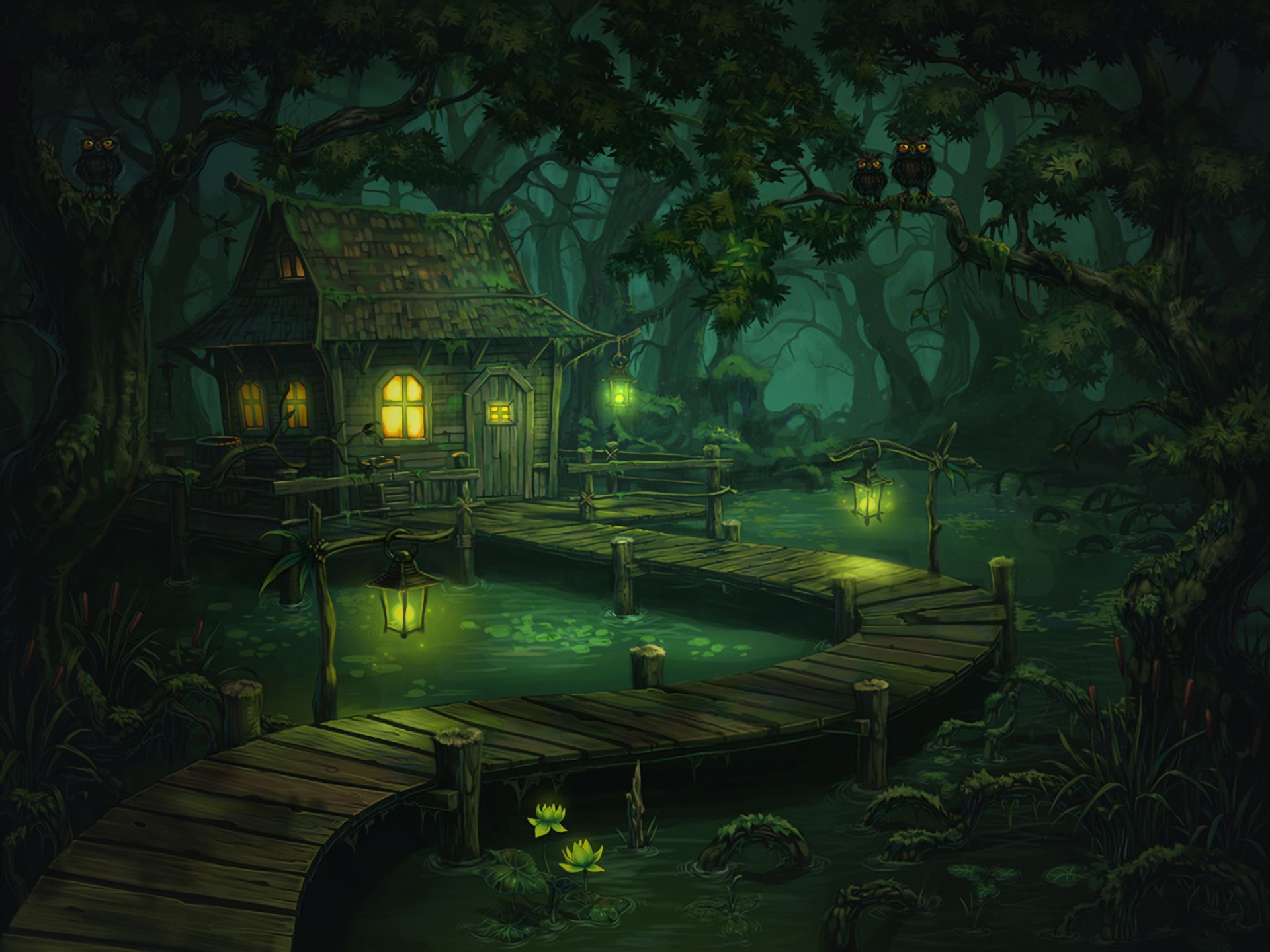 green, fantasy, forest, house, magical, night, tree 32K