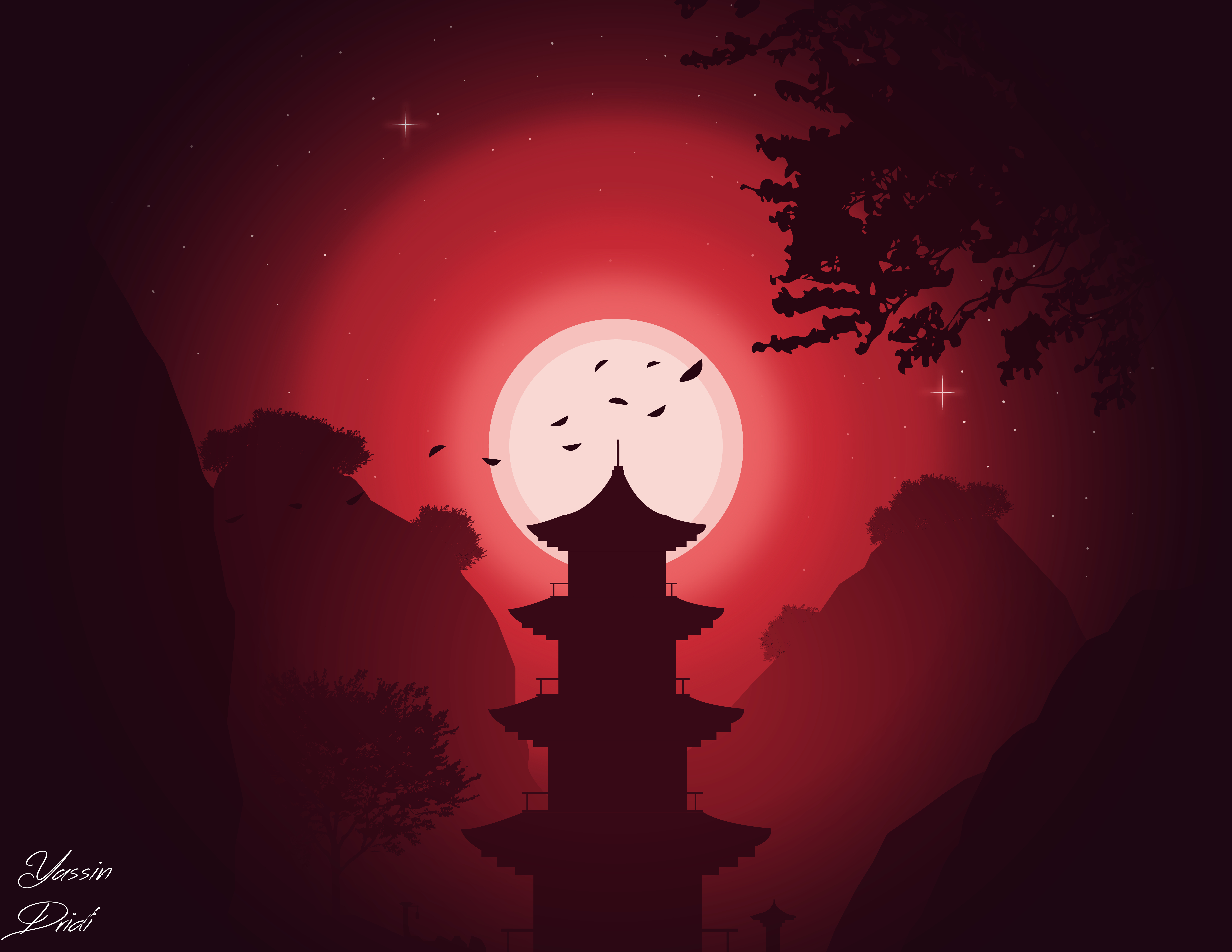 android vector, night, moon, art, red, building