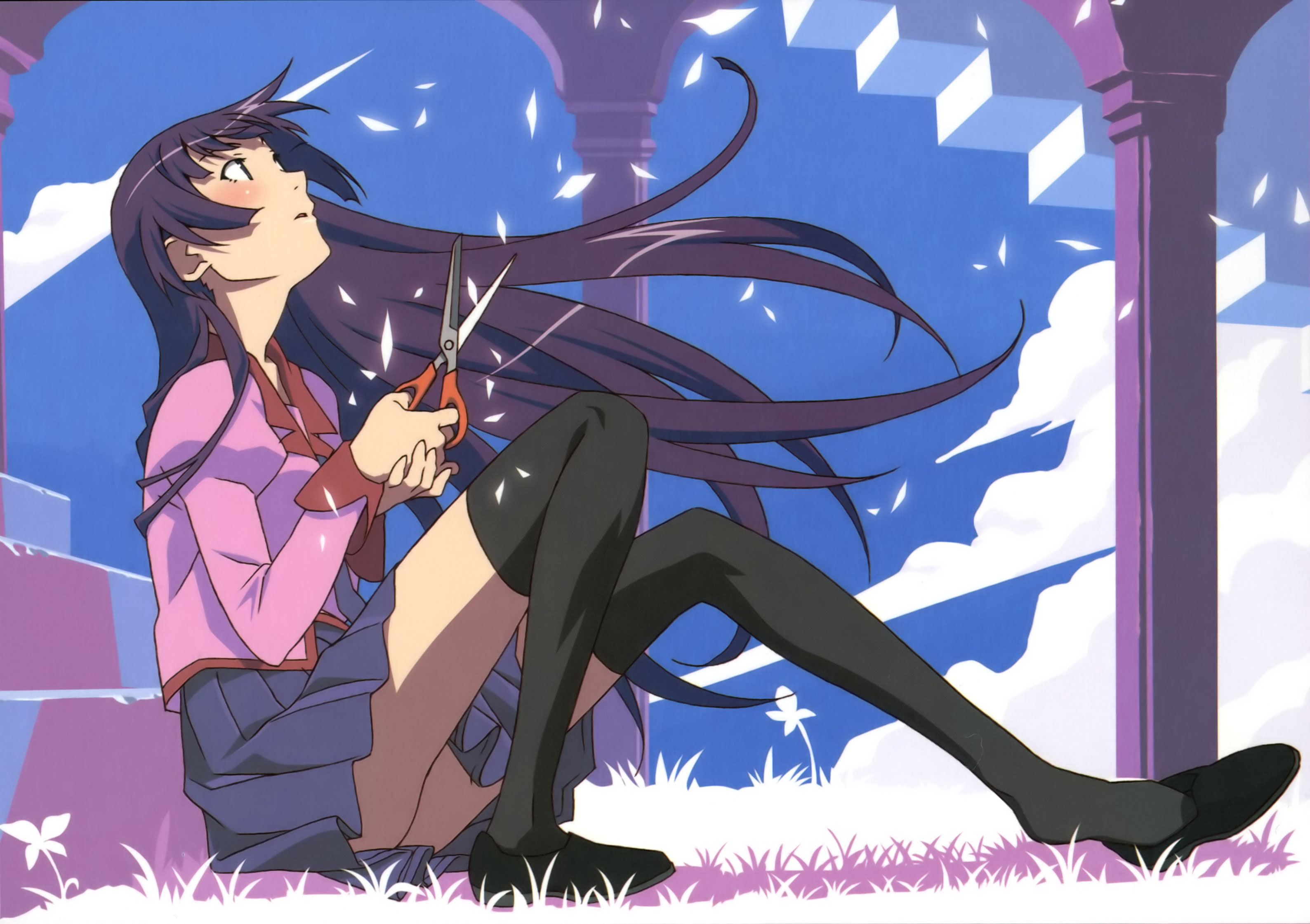 anime, monogatari (series), bakemonogatari, hitagi senjōgahara, long hair, purple hair HD wallpaper