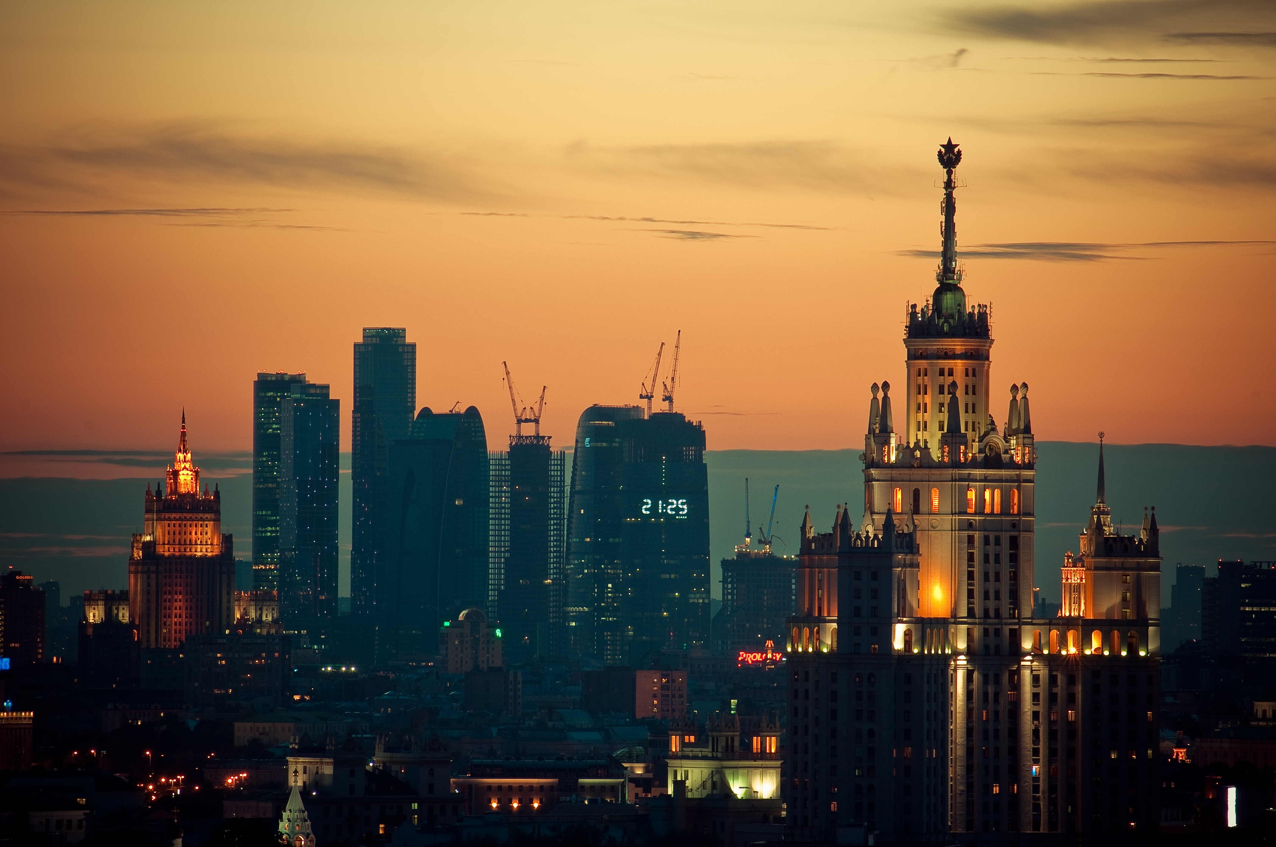 moskow, cities, sunset, lights
