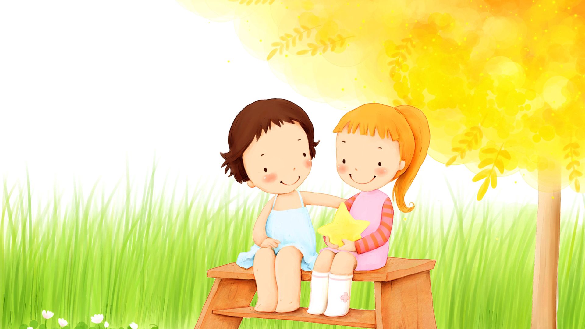 smiles, smile, flowers, girls, grass, children, miscellanea, miscellaneous, wood, tree, foliage, star cell phone wallpapers
