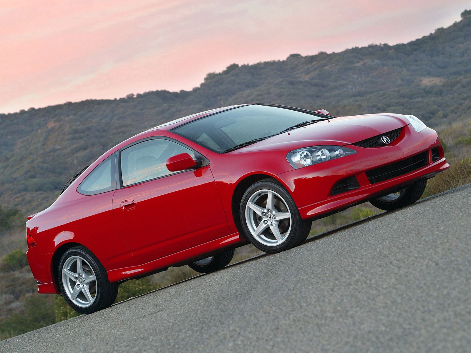 red, auto, nature, mountains, acura, cars, asphalt, side view, style, rsx, 2006 phone wallpaper