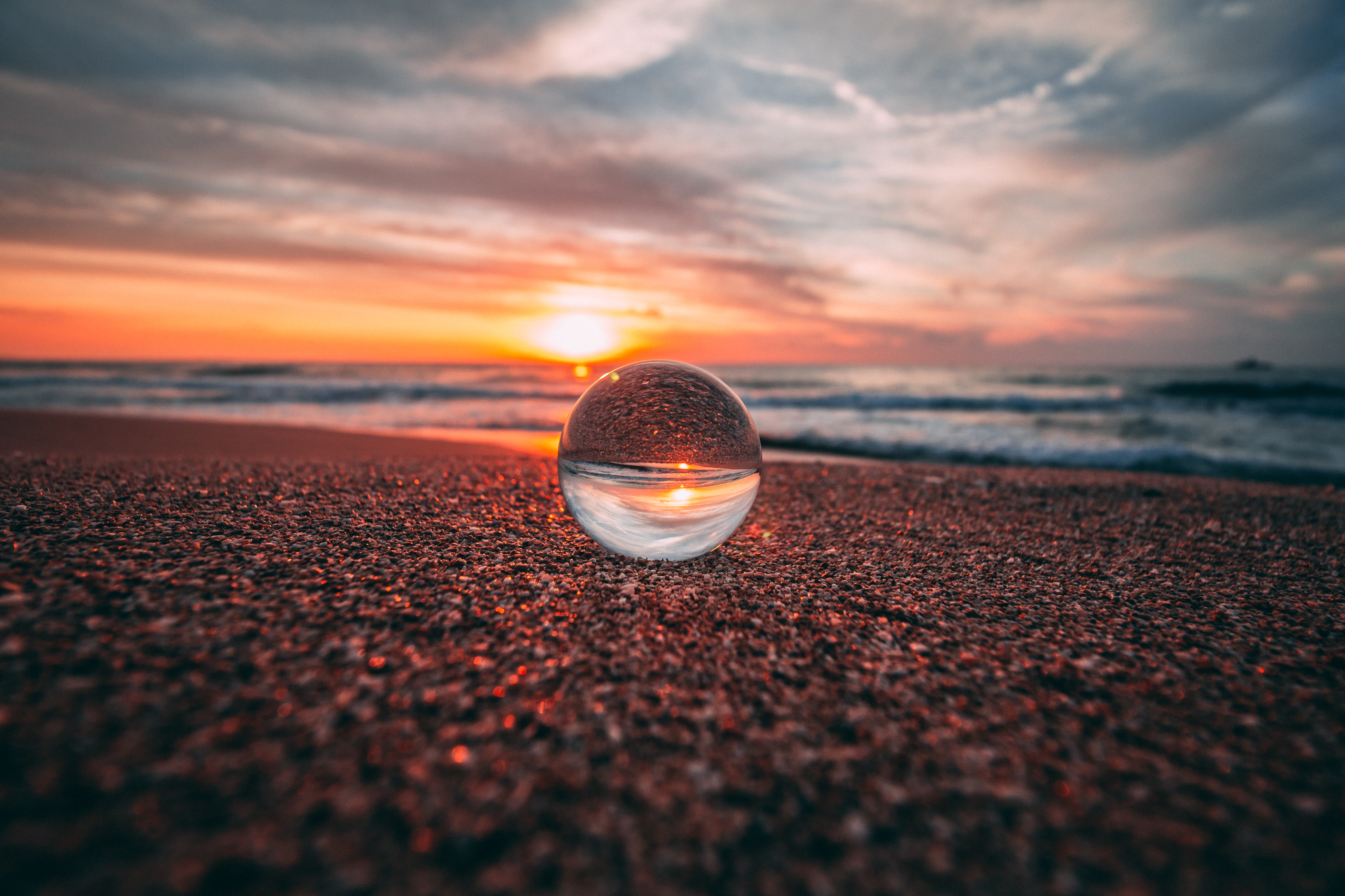 shore, ball, sunset, sea, reflection, bank, macro, glass Full HD