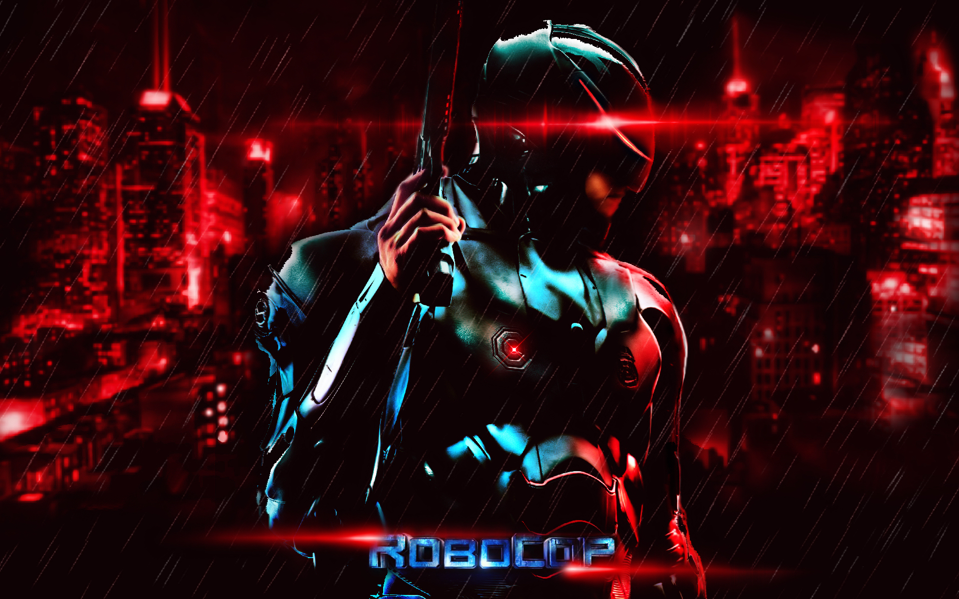 robocop (2014), robocop, movie, armor, city, dark, futuristic, gun, rain