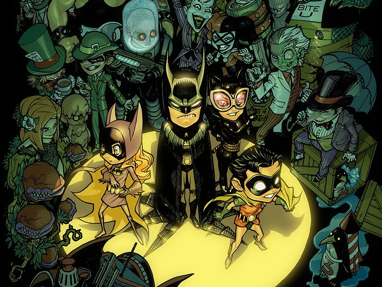 Mobile wallpaper comics, li'l batman, barbara gordon, batgirl, batman, catwoman, dc comics, harley quinn, joker, mr freeze (dc comics), penguin (dc comics), poison ivy, riddler (dc comics), robin (dc comics), two face
