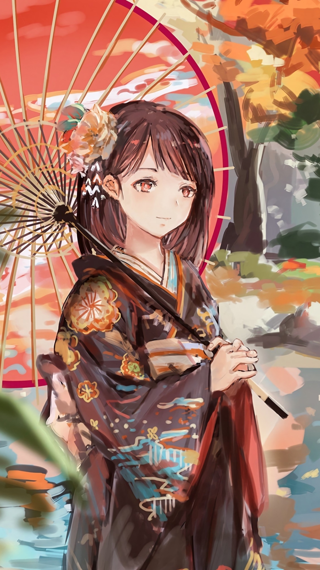 Девочка в кимоно в осеннем лесу аниме арт