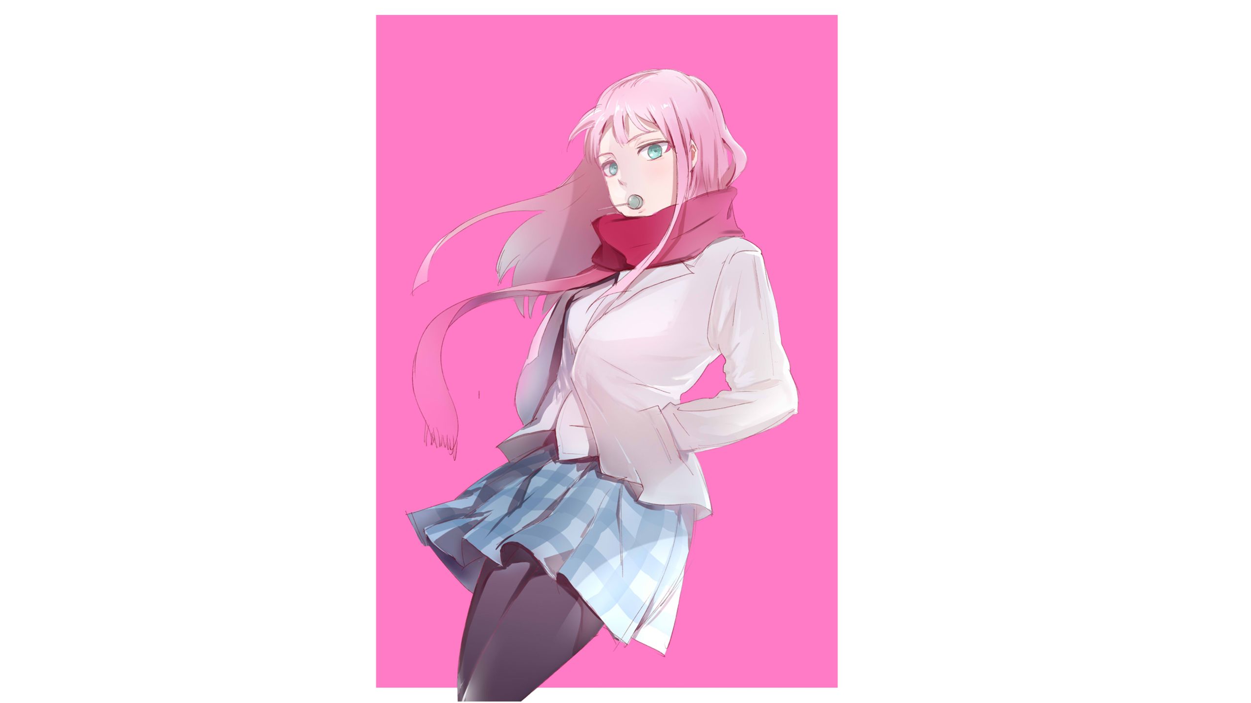 anime, darling in the franxx, lollipop, pink hair, skirt, zero two (darling in the franxx) HD wallpaper