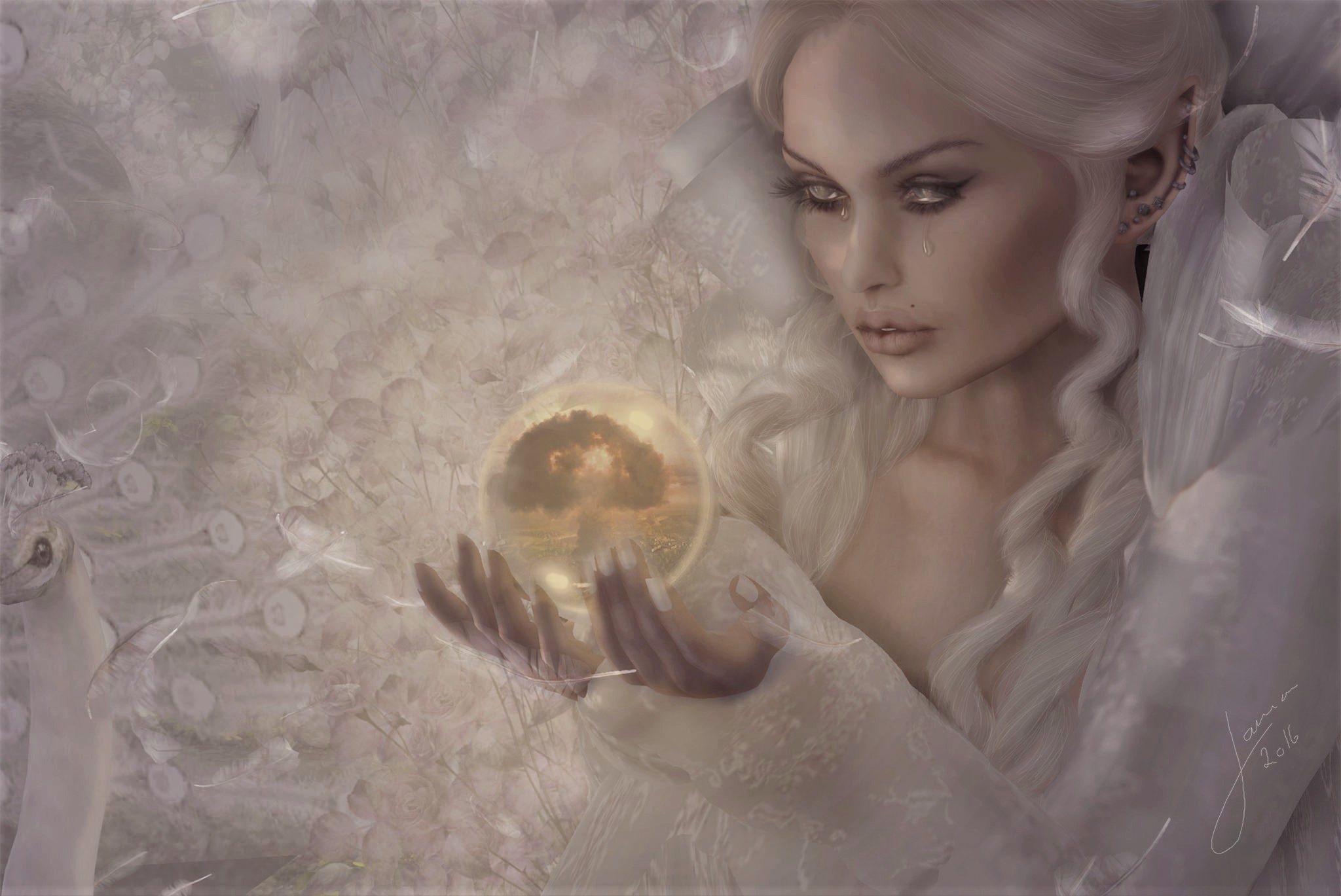 fantasy, witch, crystal ball, peacock, tears, white hair, white UHD