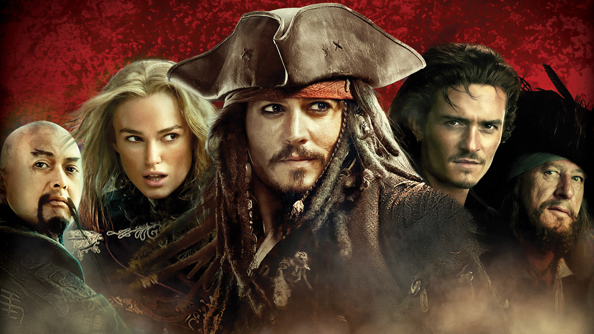 jack sparrow, geoffrey rush, movie, pirates of the caribbean: at world's end, captain sao feng, chow yun fat, elizabeth swann, hector barbossa, johnny depp, keira knightley, orlando bloom, will turner, pirates of the caribbean