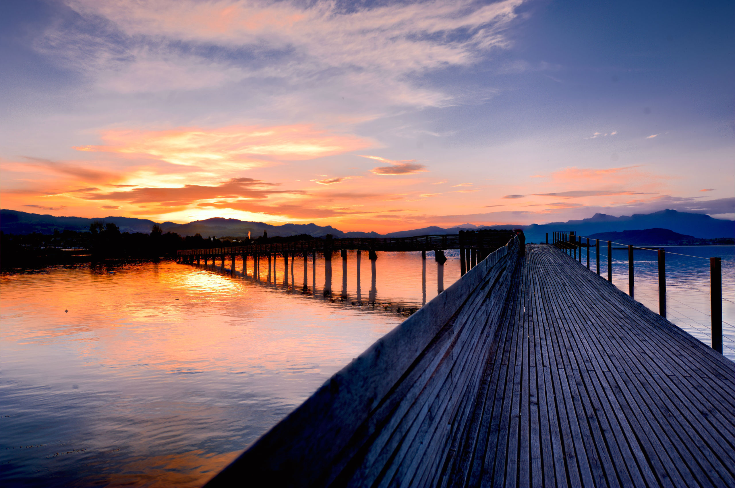 man made, pier, dock, lake, sunset Phone Background