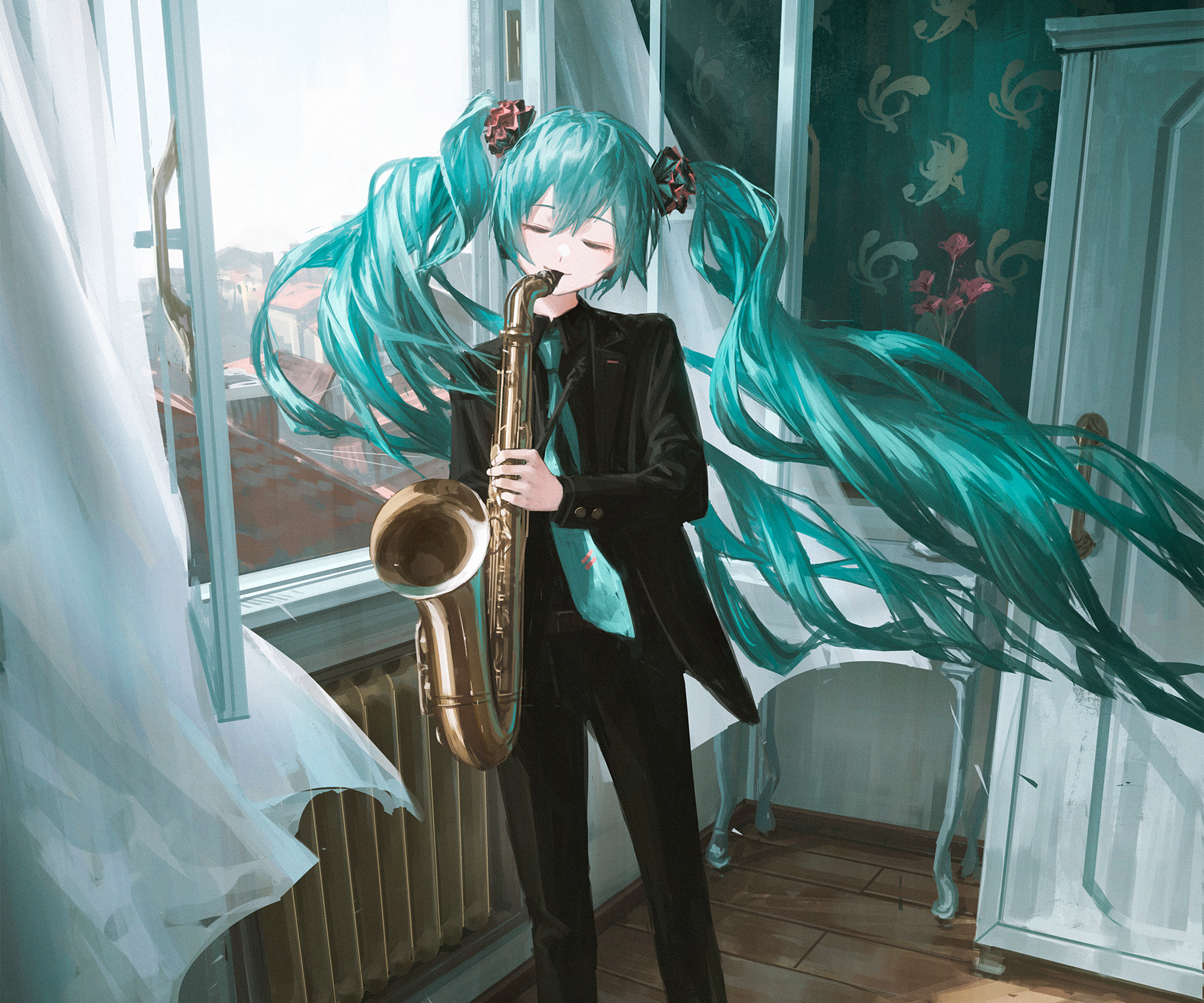 saxophone, anime, vocaloid, hatsune miku HD wallpaper