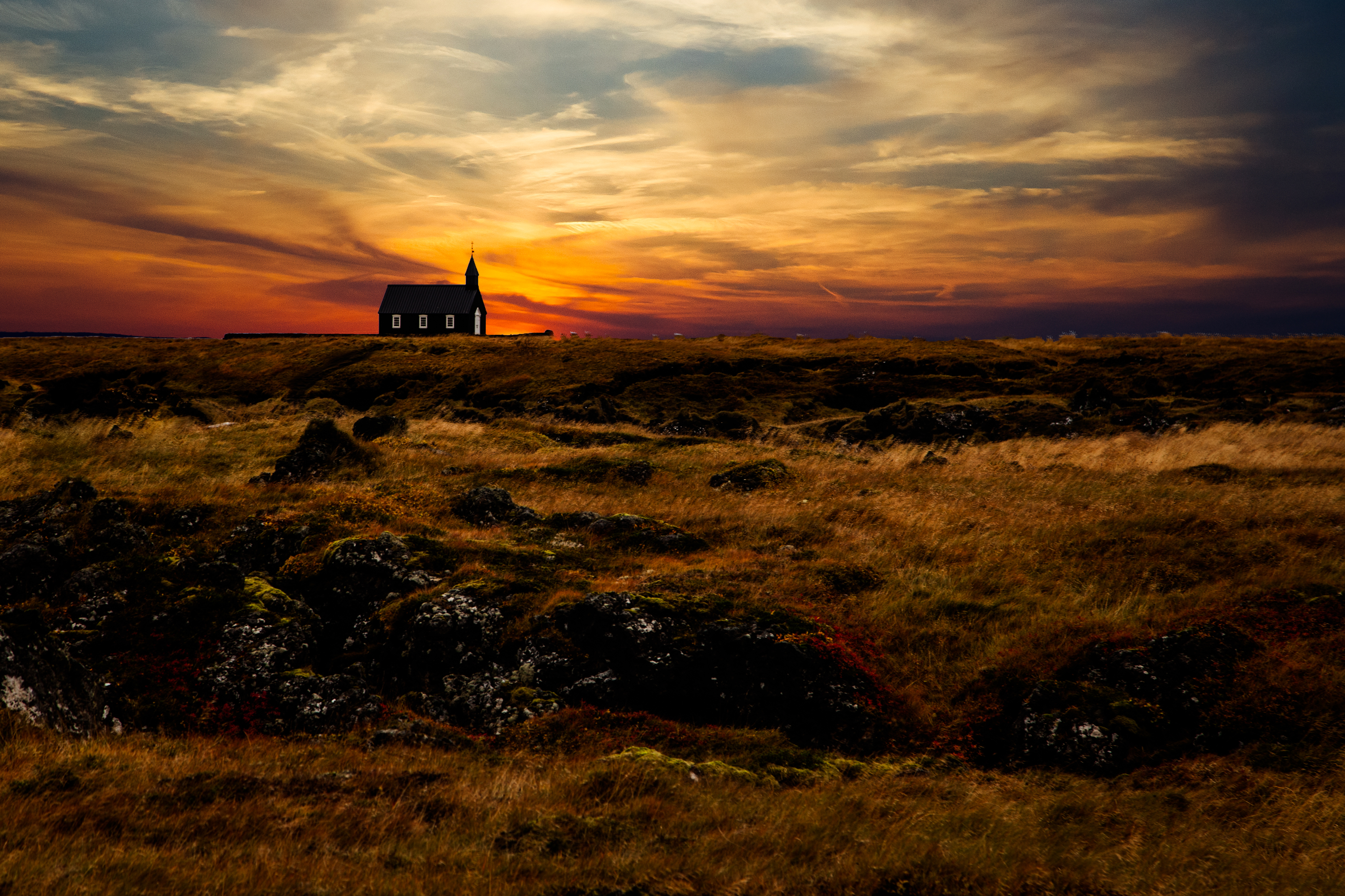 Laden Sie das Grass, Island, Kirche, Sky, Tempel, Horizont, Natur, Sunset-Bild kostenlos auf Ihren PC-Desktop herunter