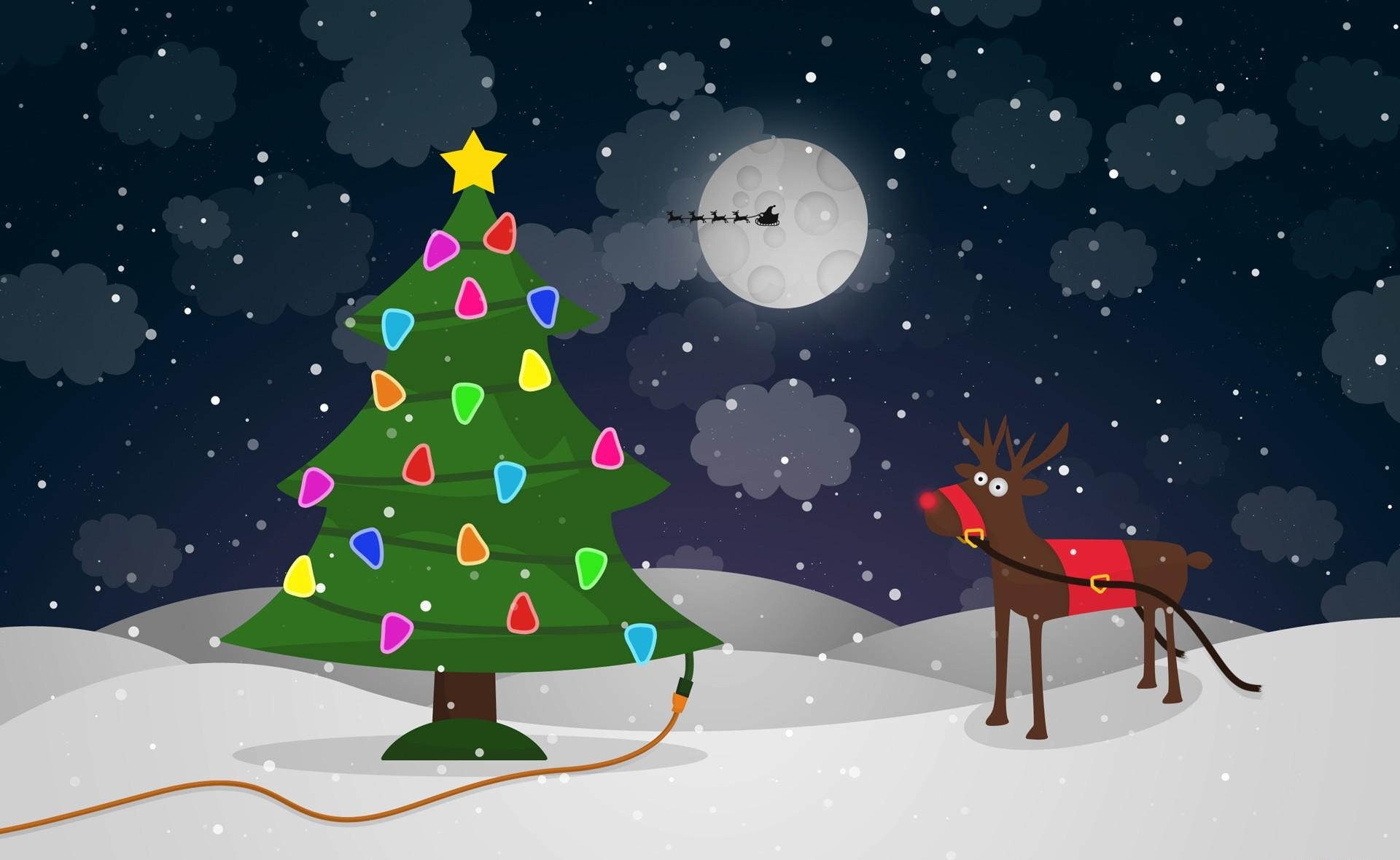 garlands, holidays, santa claus, moon, christmas, flight, christmas tree, garland, deer, wire, sleigh, sledge