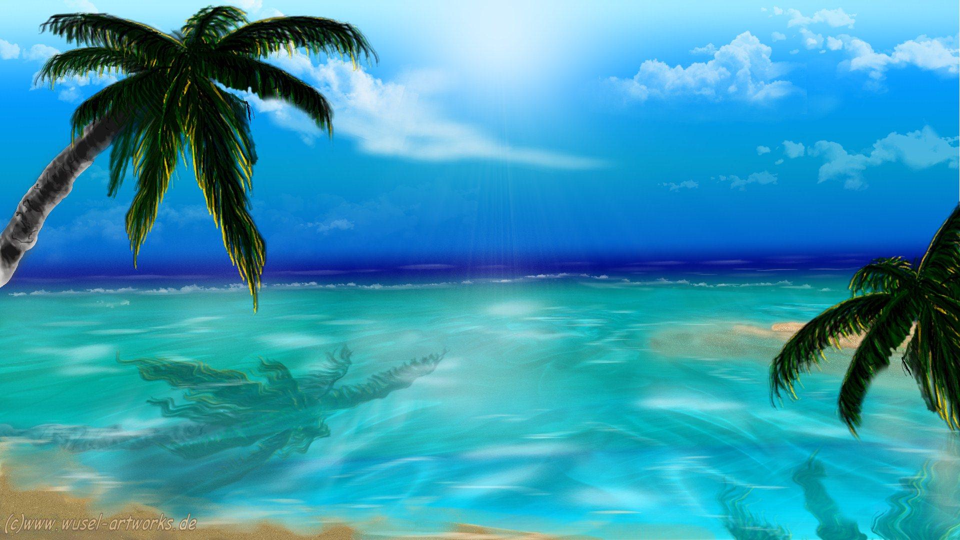Free download wallpaper Beach, Ocean, Artistic, Tropical, Palm Tree on your PC desktop