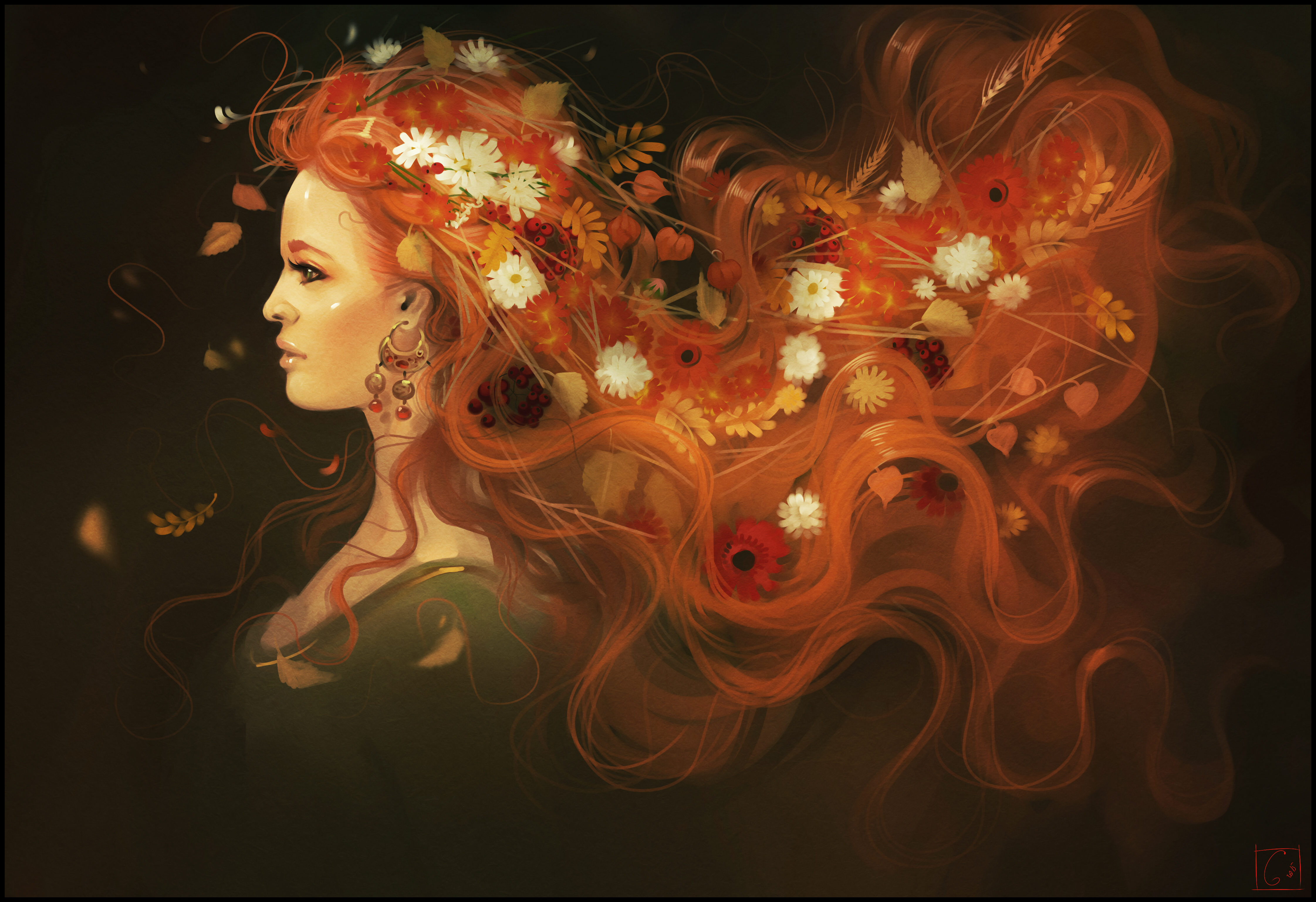 Арт красоты. Картина цветы в волосах. Картина рыжая девушка. Картина девушка с цветами в волосах. Девушка осень арт.