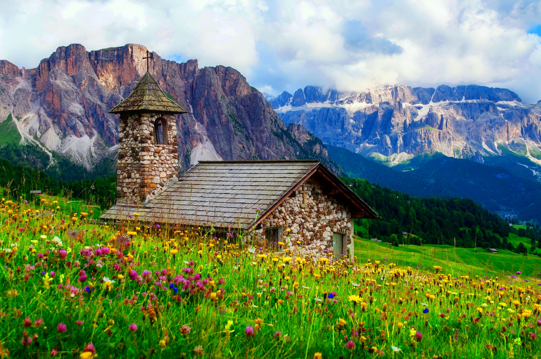 religious, chapel, church, field, flower, mountain, stone Smartphone Background