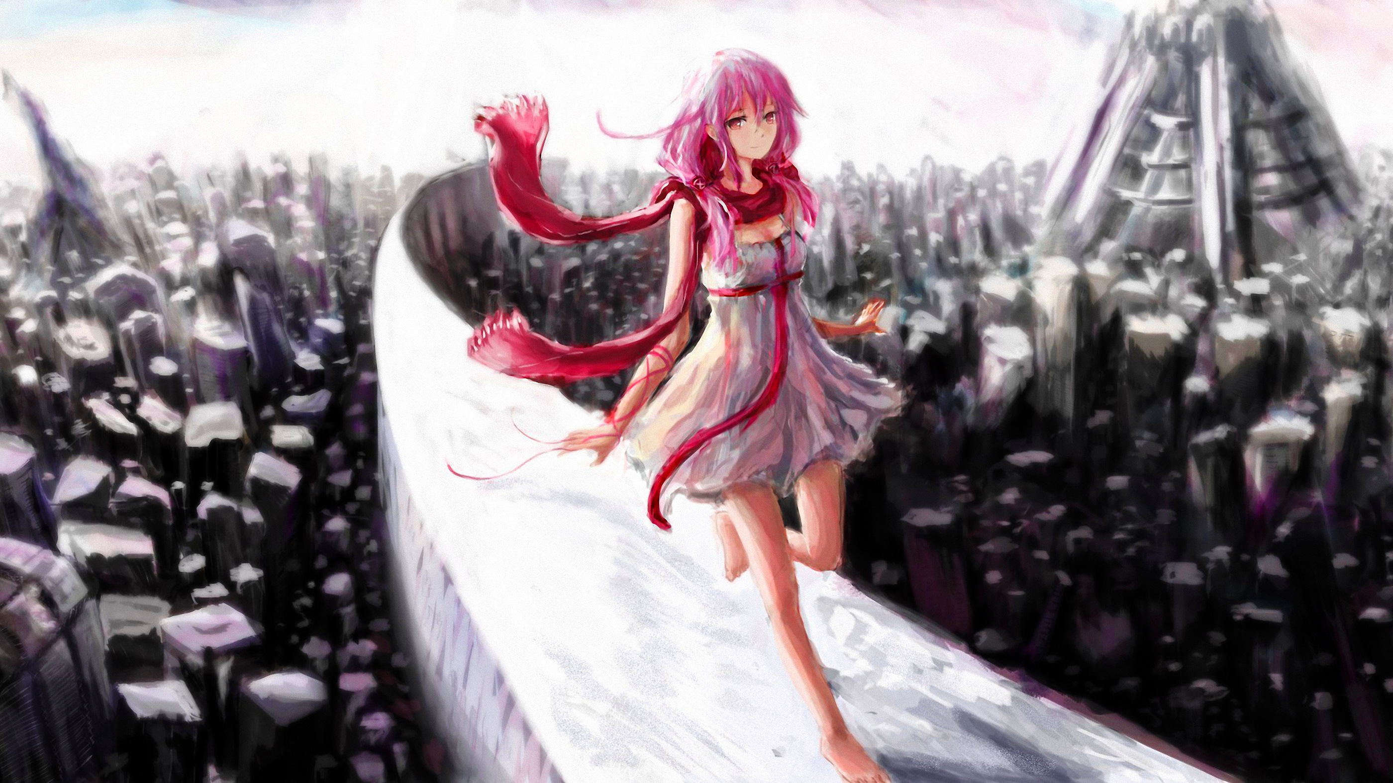cityscape, guilty crown, anime, dress, inori yuzuriha, pink eyes, pink hair