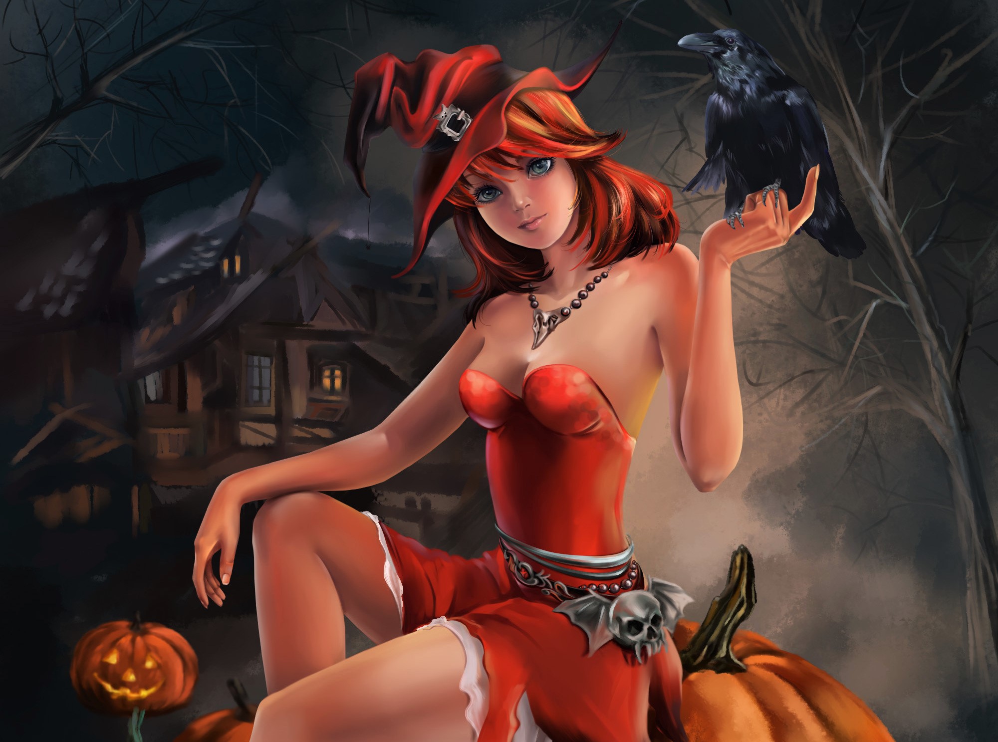 Download mobile wallpaper Halloween, Holiday, Raven, Skull, Witch, Orange Hair, Jack O' Lantern, Witch Hat, Haunted House for free.