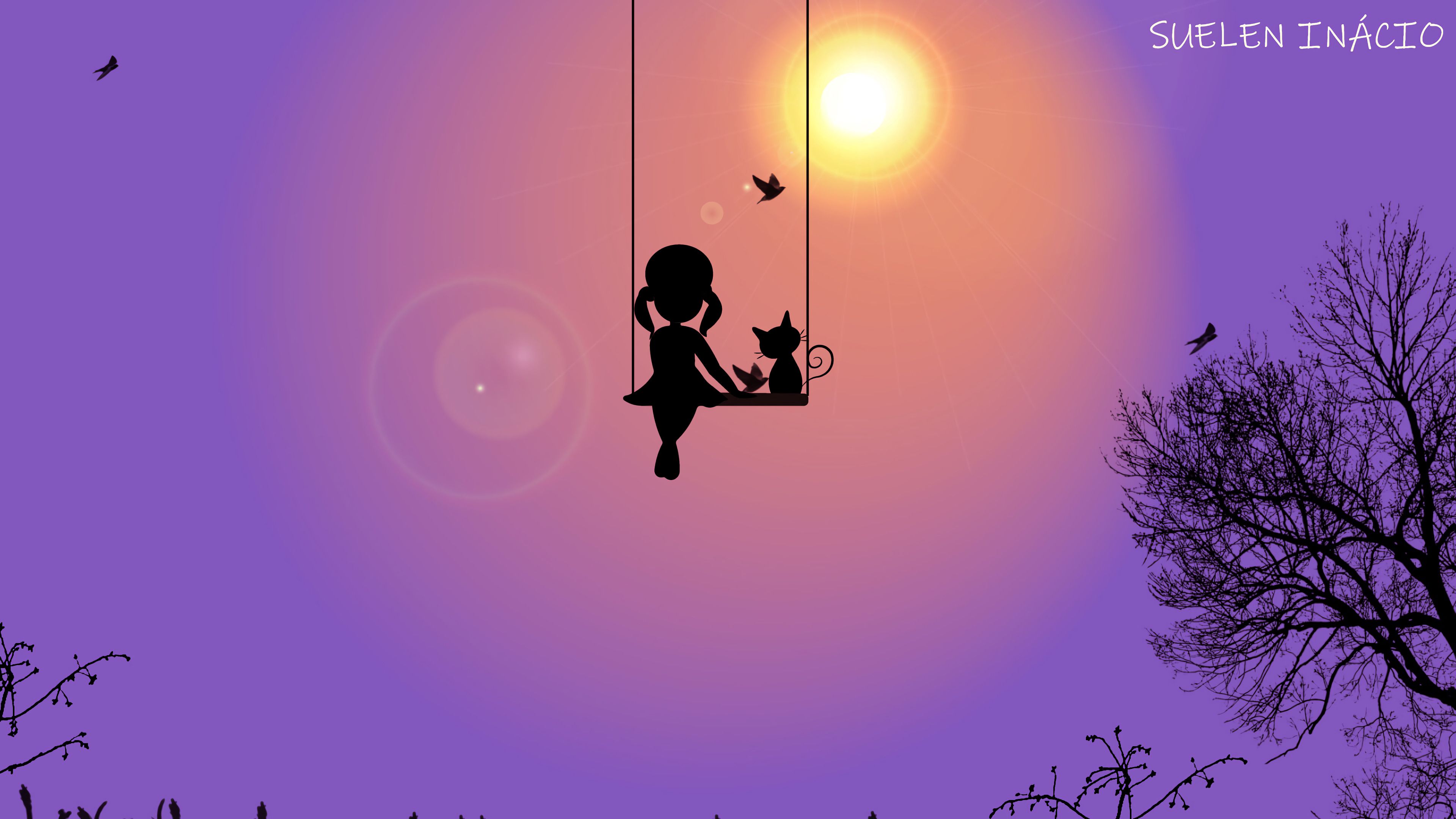 girl, art, swing, birds, sun, silhouette, cat Smartphone Background