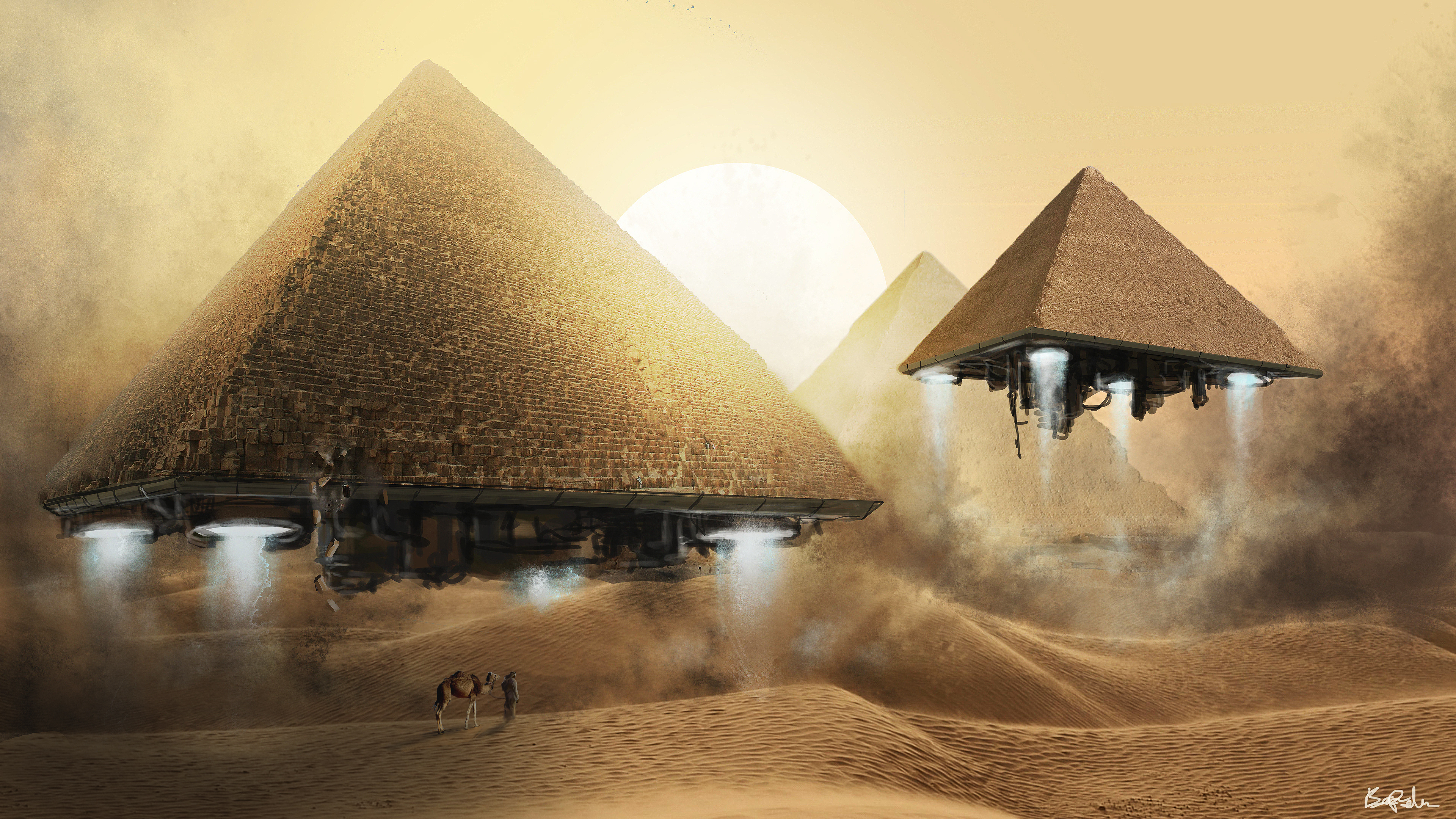 550353 Hintergrundbild herunterladen science fiction, raumschiff, steppe, ägyptisch, pyramide, sand - Bildschirmschoner und Bilder kostenlos