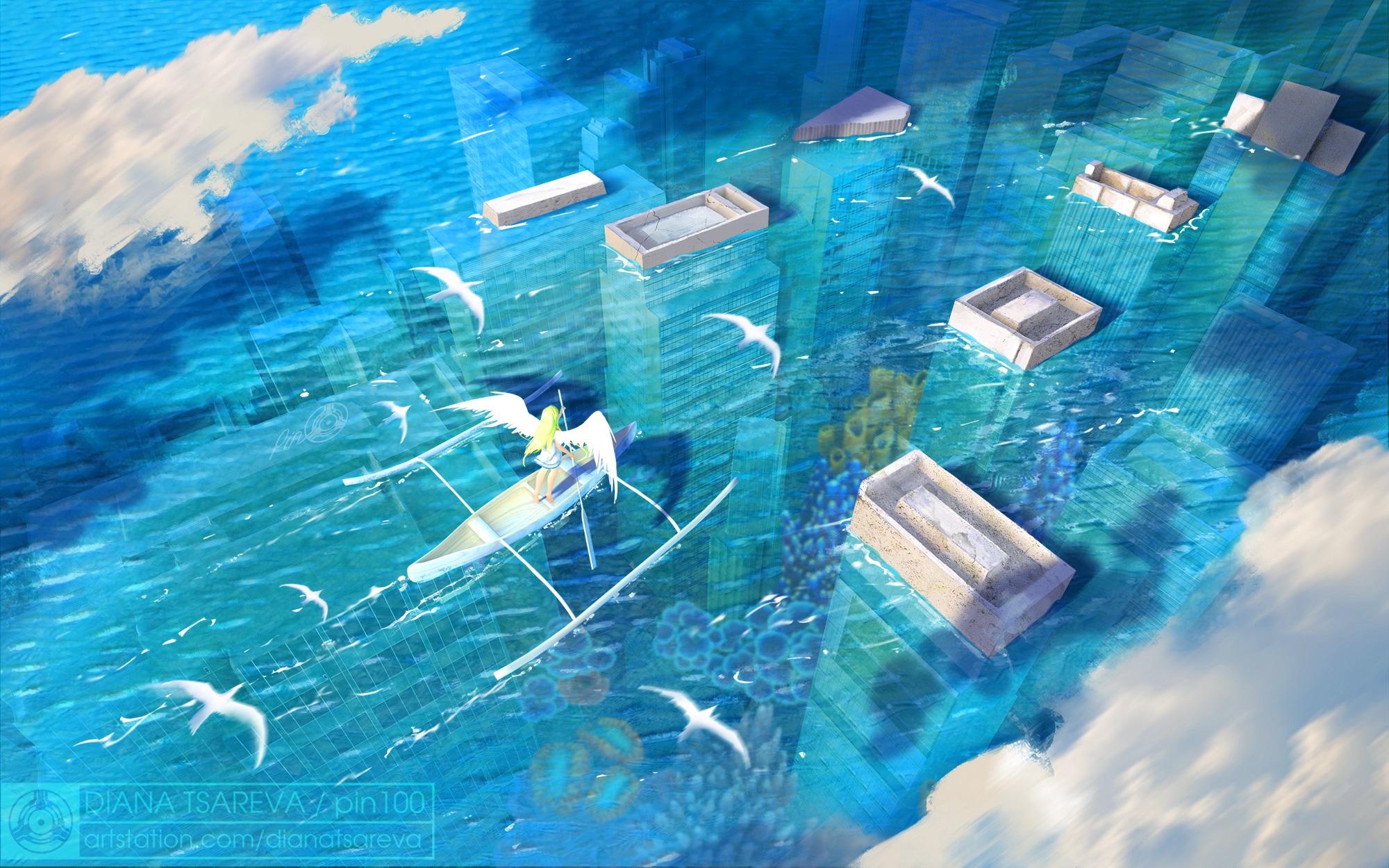 Romantic Anime Blue Sky White Clouds Sea Water Background Wallpaper Image  For Free Download  Pngtree